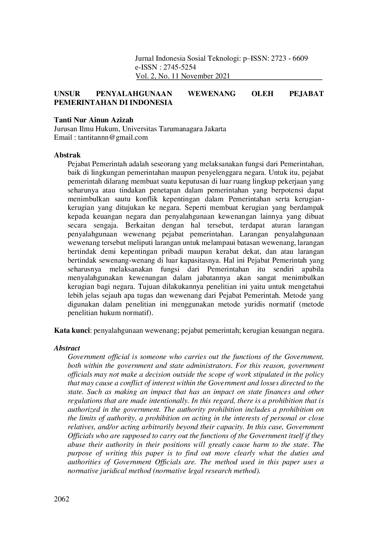 JURIS Unsur penyalahgunaan wewenang oleh Pejabat pemerintahan