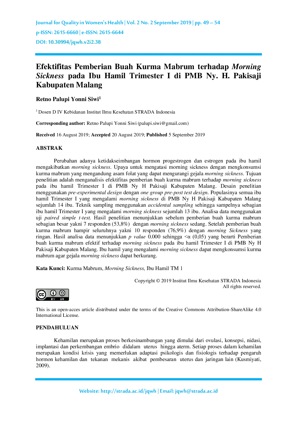 JURIS Efektifitas Pemberian Buah Kurma Mabrum terhadap Morning Sickness pada Ibu Hamil Trimester I di PMB Ny H Pakisaji Kabupaten Malang