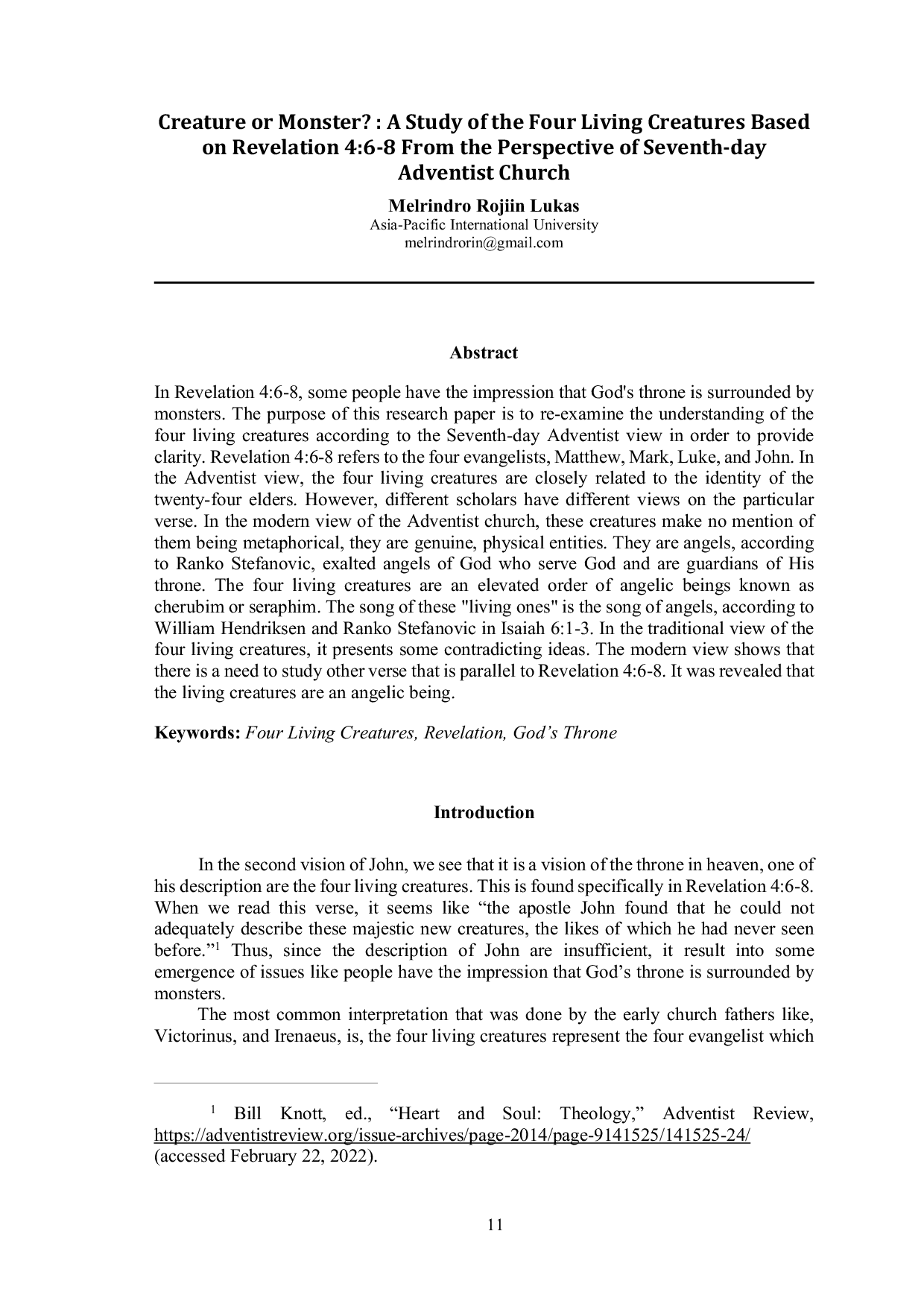 JURIS Creature or Monster A Study of the Four Living Creatures Based on Revelation 4 6 8 from the Perspective of the Seventh day Adventist Church