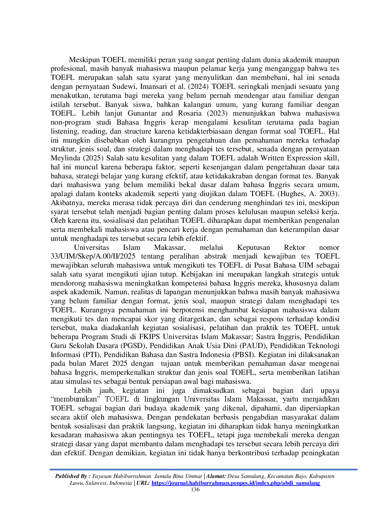 juris Penguatan Literasi Bahasa Inggris Melalui Sosialisasi dan Pelatihan TOEFL bagi Mahasiswa Universitas Islam Makassar