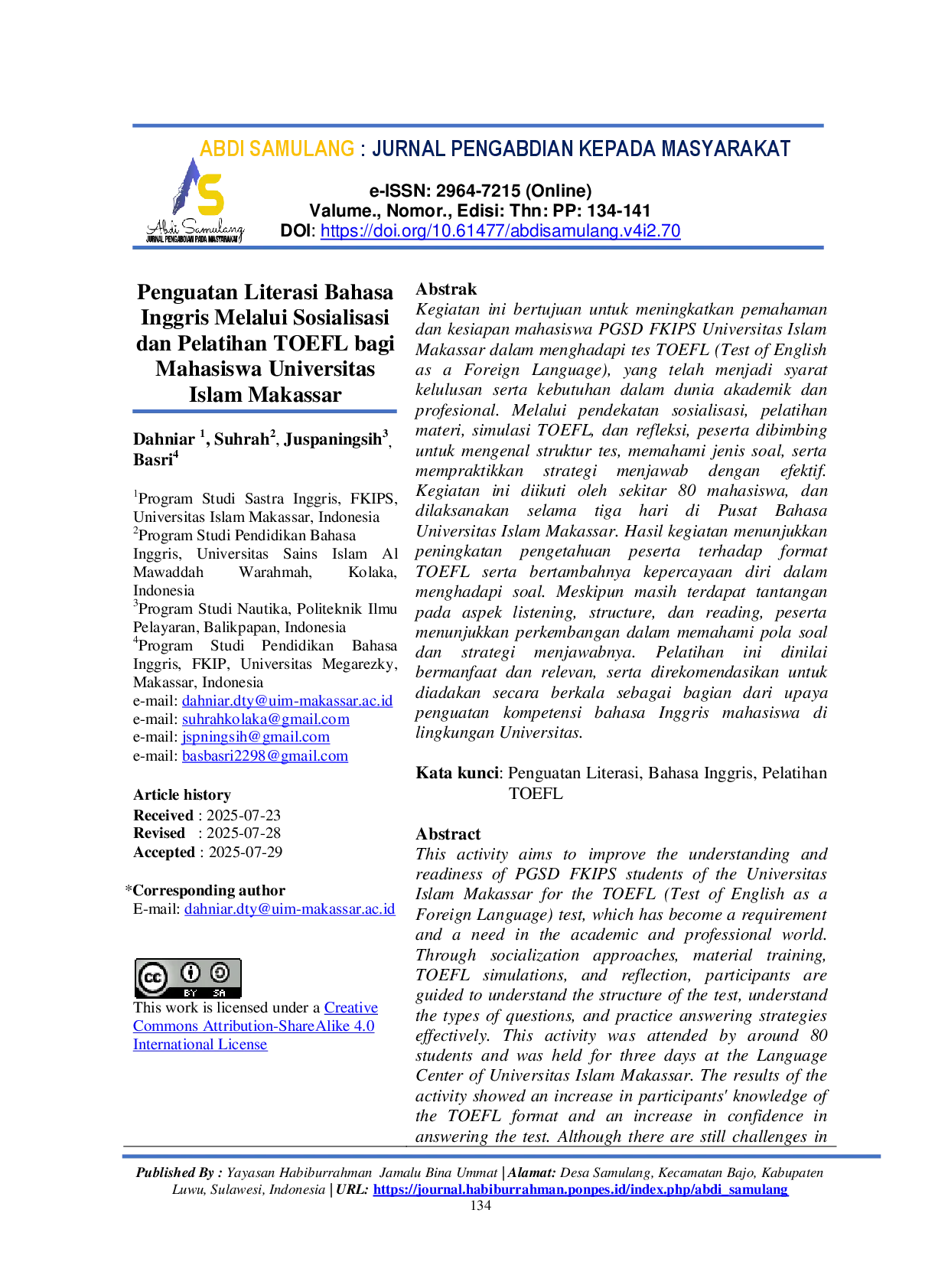juris Penguatan Literasi Bahasa Inggris Melalui Sosialisasi dan Pelatihan TOEFL bagi Mahasiswa Universitas Islam Makassar