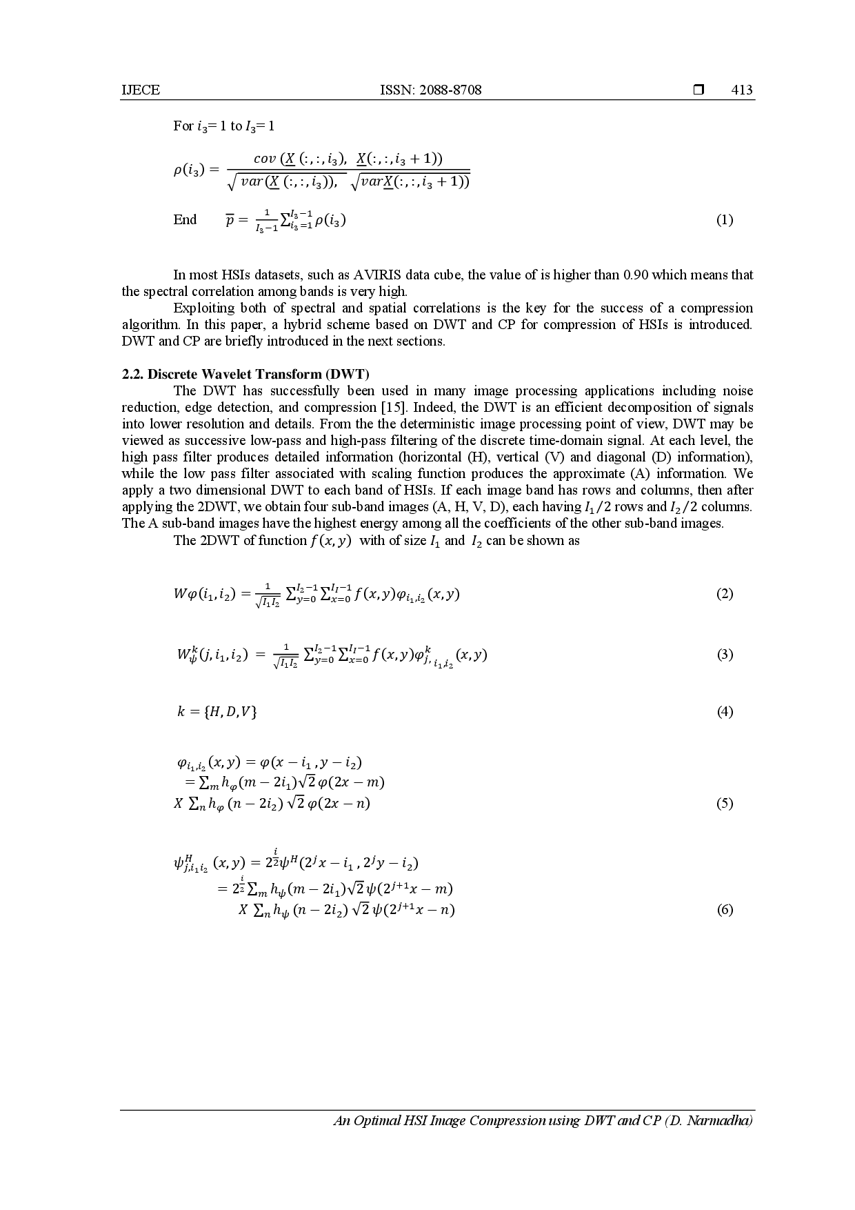 juris An Optimal HSI Image Compression using DWT and CP
