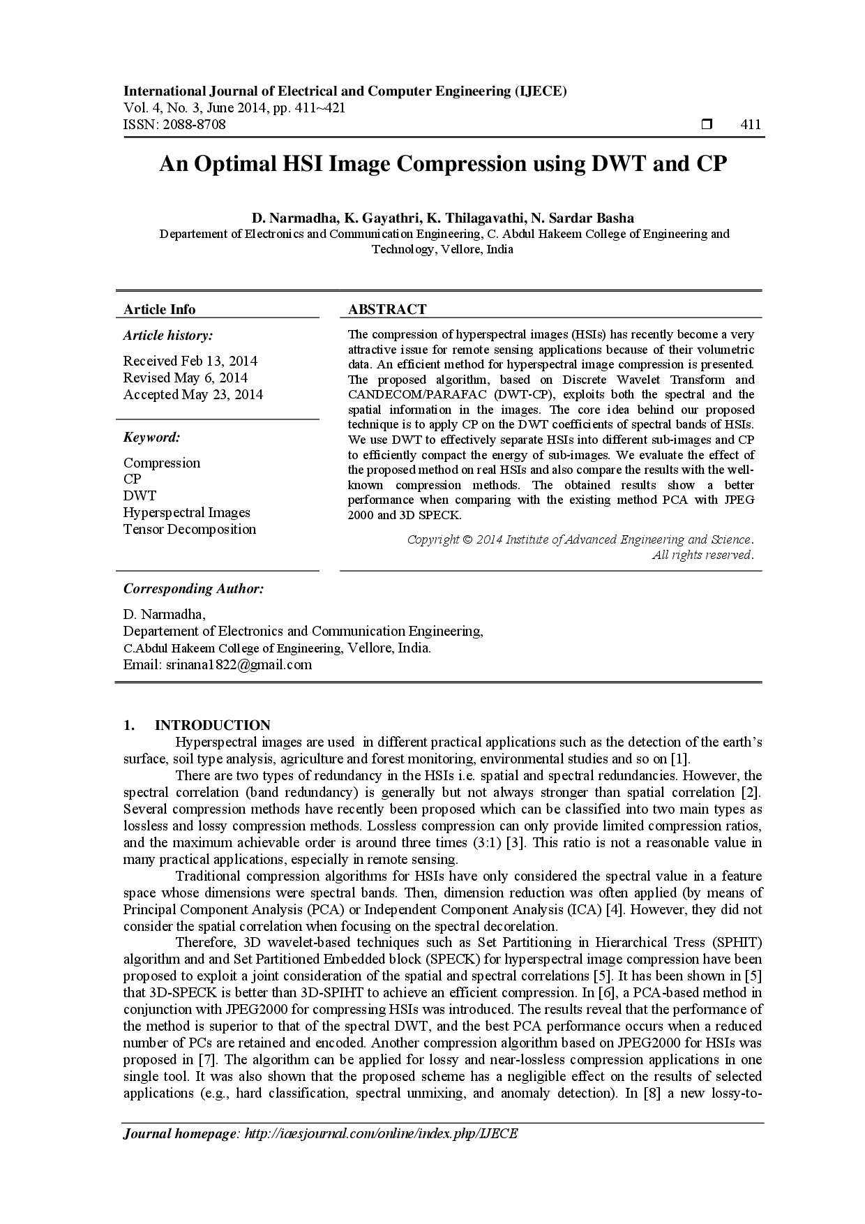 juris An Optimal HSI Image Compression using DWT and CP