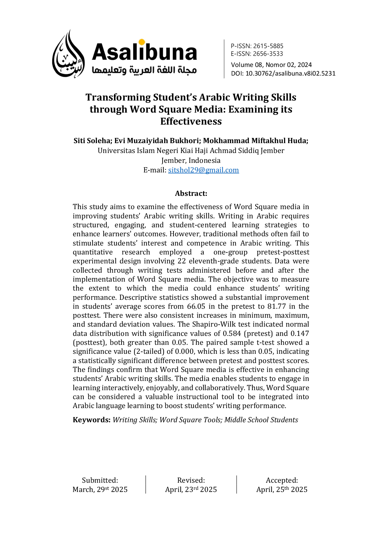JURIS Transforming Student s Arabic Writing Skills through Word Square Media Examining its Effectiveness