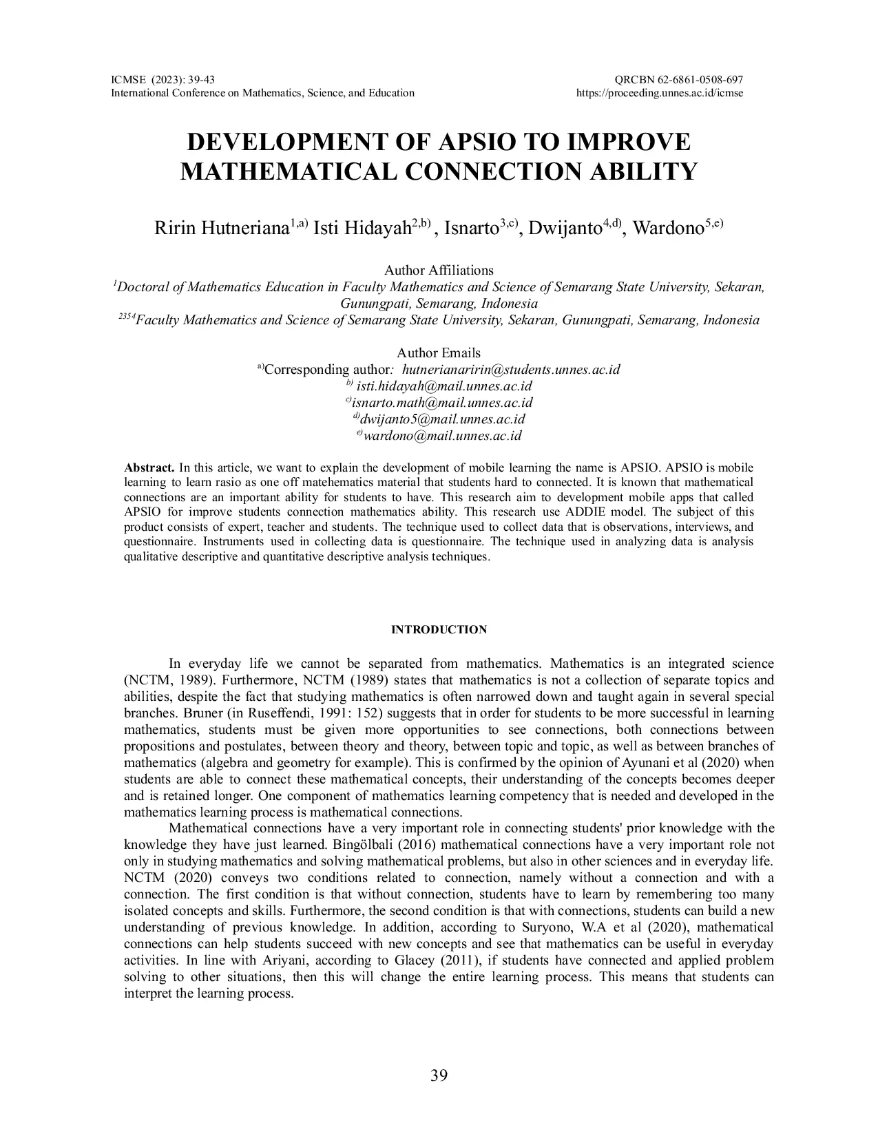 JURIS Development of APSIO to Improve Mathematical Connection Ability