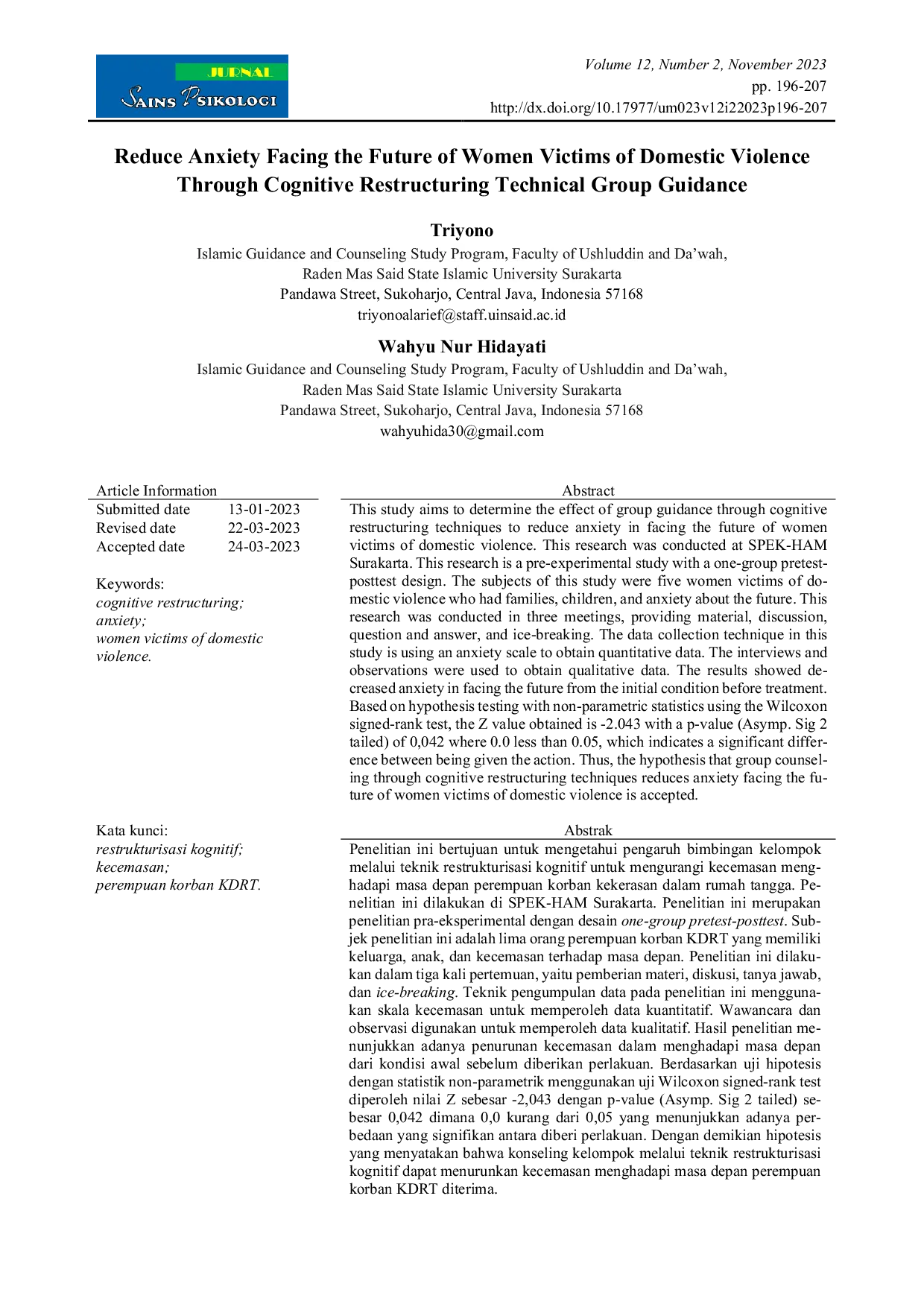 JURIS Reduce Anxiety Facing the Future of Women Victims of Domestic Violence Through Cognitive Restructuring Technical Group Guidance