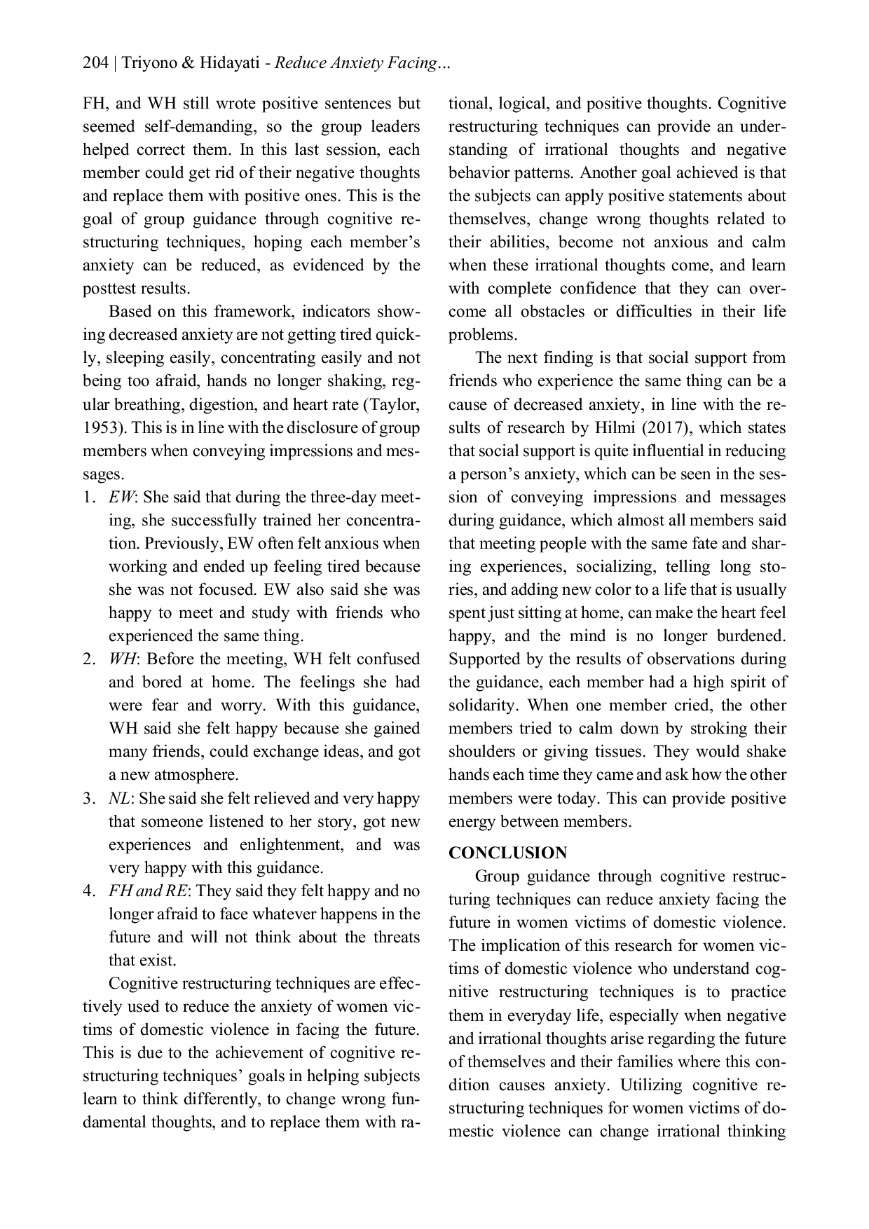 JURIS Reduce Anxiety Facing the Future of Women Victims of Domestic Violence Through Cognitive Restructuring Technical Group Guidance