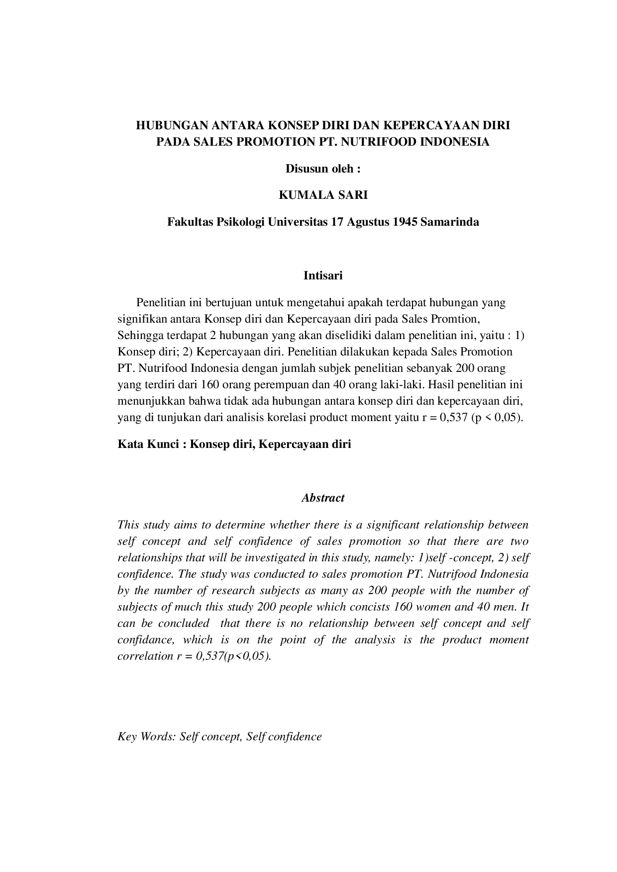 JURIS Hubungan Antara Konsep Diri dan Kepercayaan Diri Pada Sales Promotion PT Nutrifood Indonesia