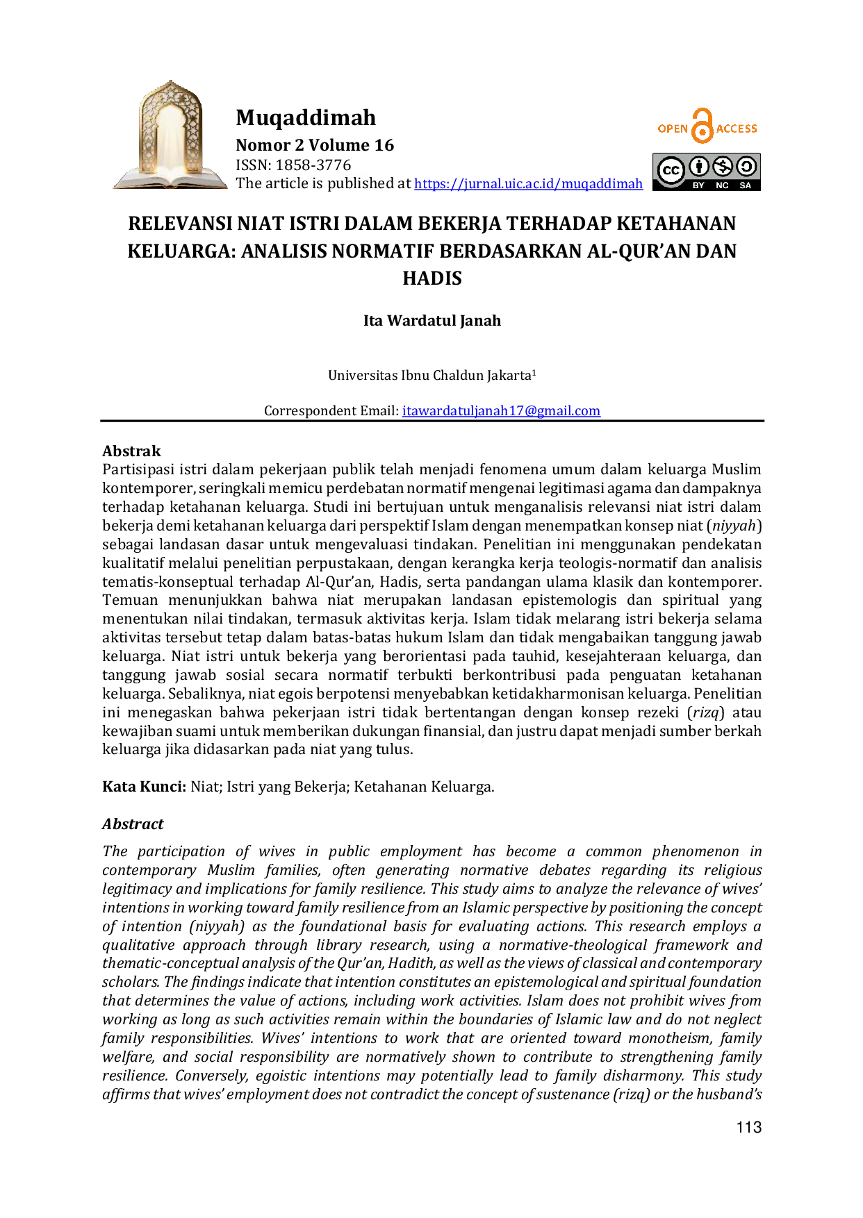 JURIS Relevansi Niat Istri Dalam Bekerja Terhadap Ketahanan Keluarga Analisis Normatif Berdasarkan Al Qur an Dan Hadis