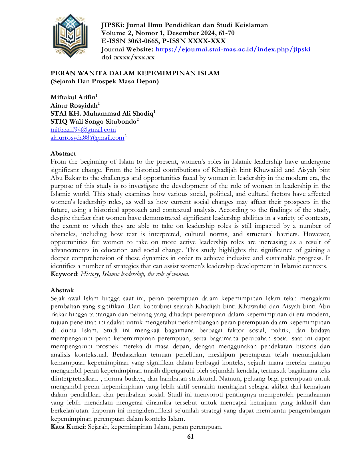 JURIS PERAN WANITA DALAM KEPEMIMPINAN ISLAM Sejarah Dan Prospek Masa Depan PERAN WANITA DALAM KEPEMIMPINAN ISLAM Sejarah Dan Prospek Masa Depan