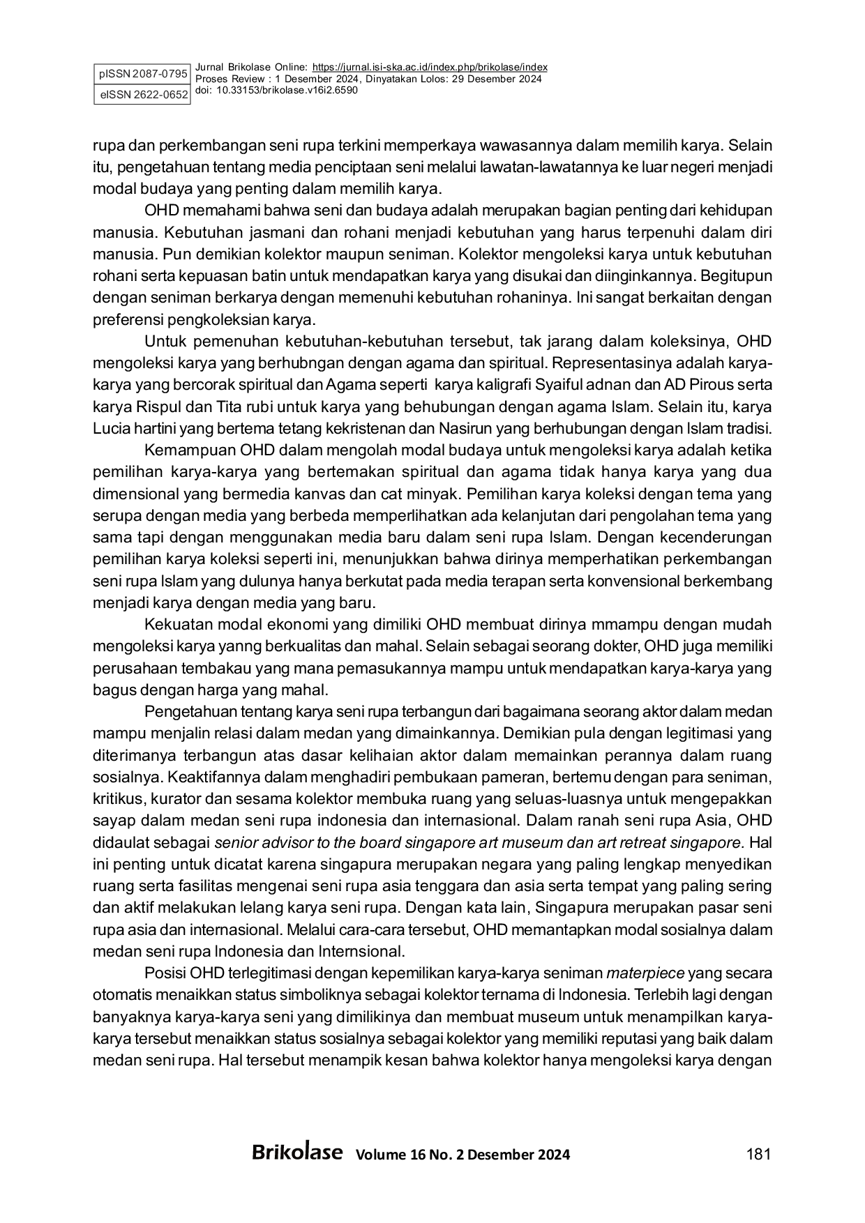 JURIS The Eksistensi Karya Seni Rupa Islam dalam Medan Seni Rupa Indonesia Studi Kasus Pameran Fragments of Modern Indonesian Art History di OHD Museum Magelang