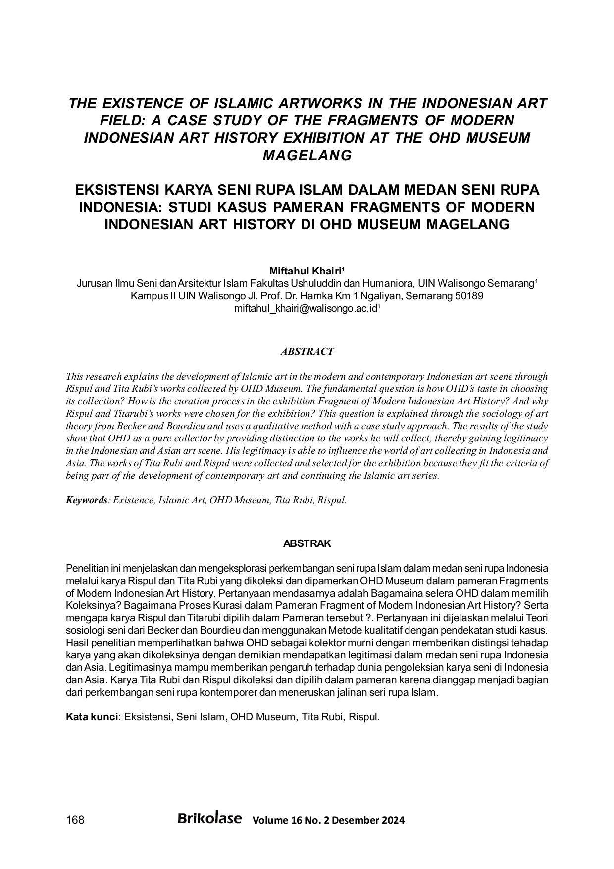 JURIS The Eksistensi Karya Seni Rupa Islam dalam Medan Seni Rupa Indonesia Studi Kasus Pameran Fragments of Modern Indonesian Art History di OHD Museum Magelang