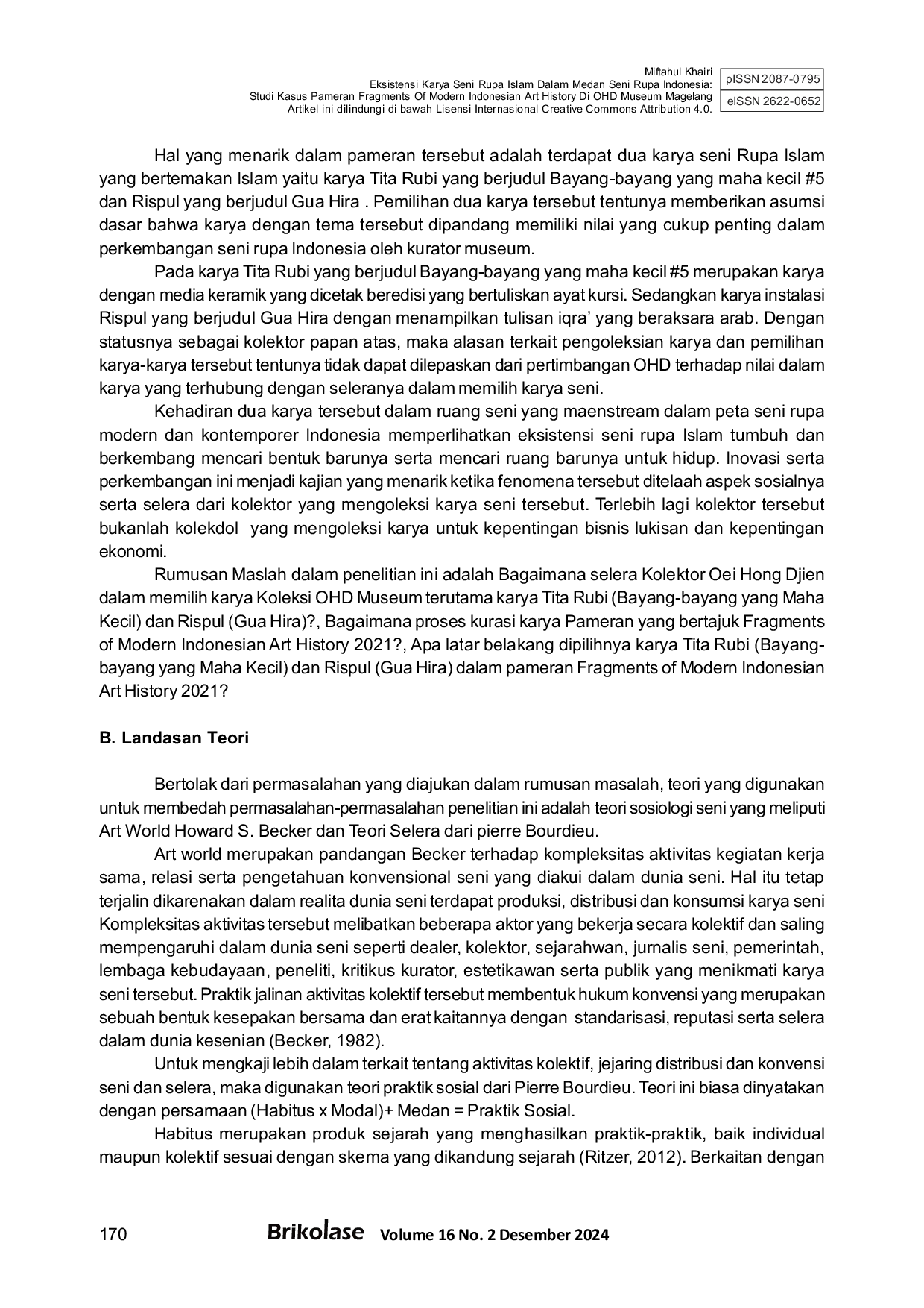 JURIS The Eksistensi Karya Seni Rupa Islam dalam Medan Seni Rupa Indonesia Studi Kasus Pameran Fragments of Modern Indonesian Art History di OHD Museum Magelang