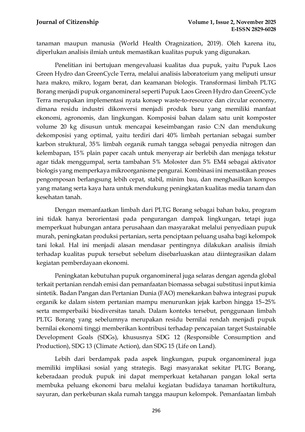 JURIS Dampak Lingkungan dan Sosial Ekonomi Program CSR PLTG Borang Studi Pemanfaatan Limbah Perusahaan menjadi Pupuk Organomineral terhadap Kesejahteraan Petani Lokal