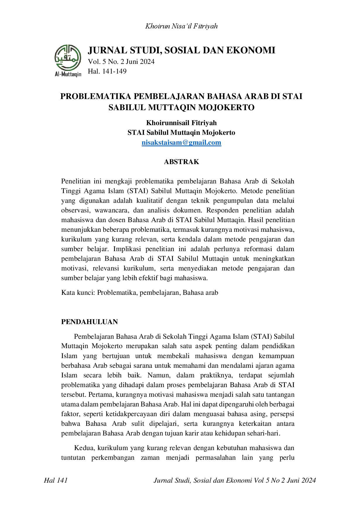 juris Problematica Pembelajaran Bahasa Arab Di Stai Sabilul Muttaqin Mojokerto
