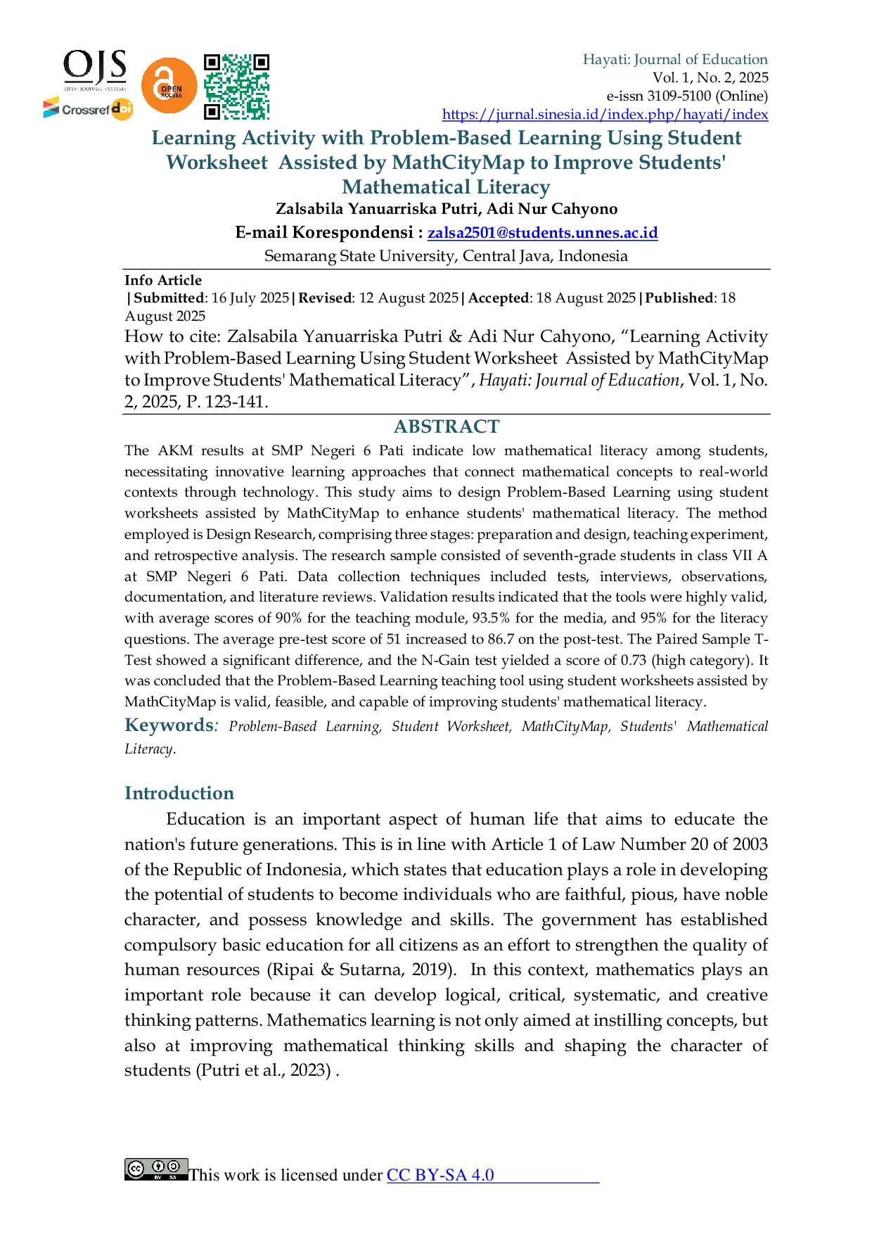 JURIS Learning Activity with Problem Based Learning Using Student Worksheet Assisted by MathCityMap to Improve Students Mathematical Literacy