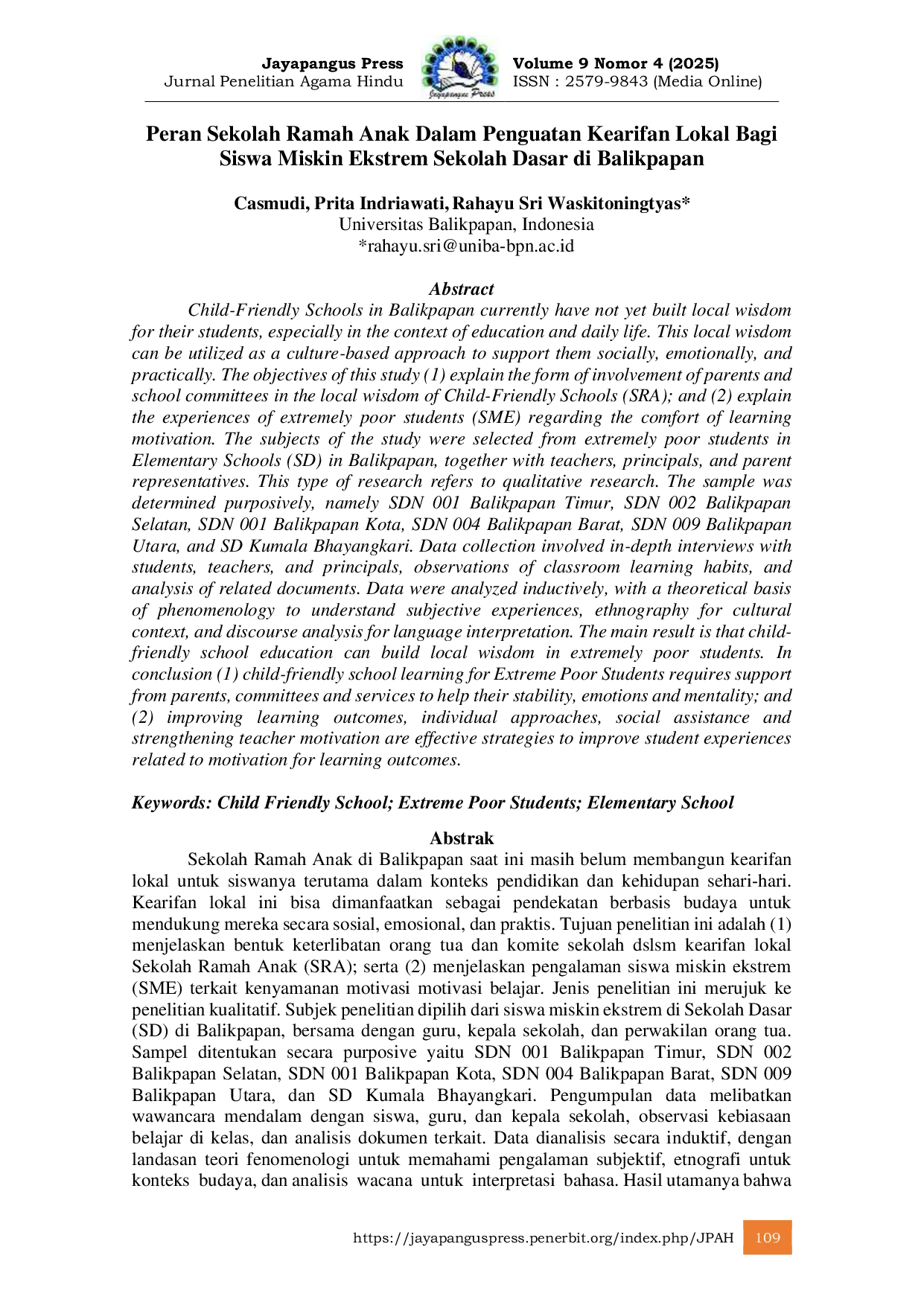 JURIS Peran Sekolah Ramah Anak Dalam Penguatan Kearifan Lokal Bagi Siswa Miskin Ekstrem Sekolah Dasar di Balikpapan