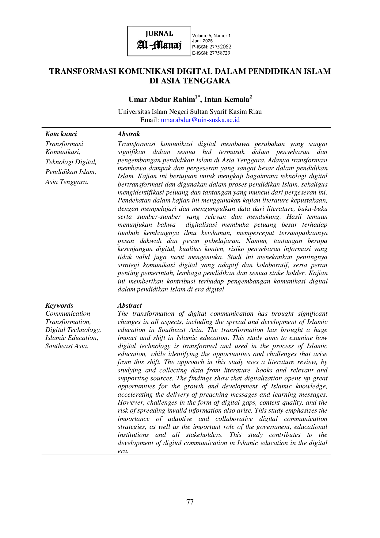 JURIS Transformasi Komunikasi Digital dalam Pendidikan Islam di Asia Tenggara