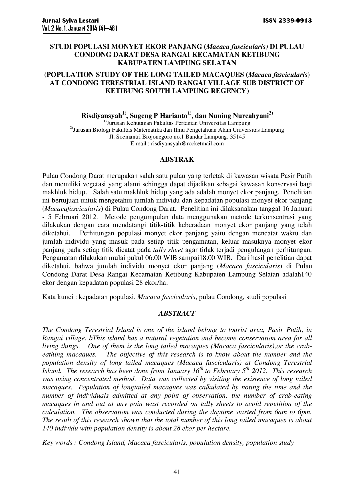juris Studi Populasi Monyet Ekor Panjang Macaca Fascicularis Di Pulau Condong Darat Desa Rangai Kecamatan Ketibung Kabupaten Lampung Selatan
