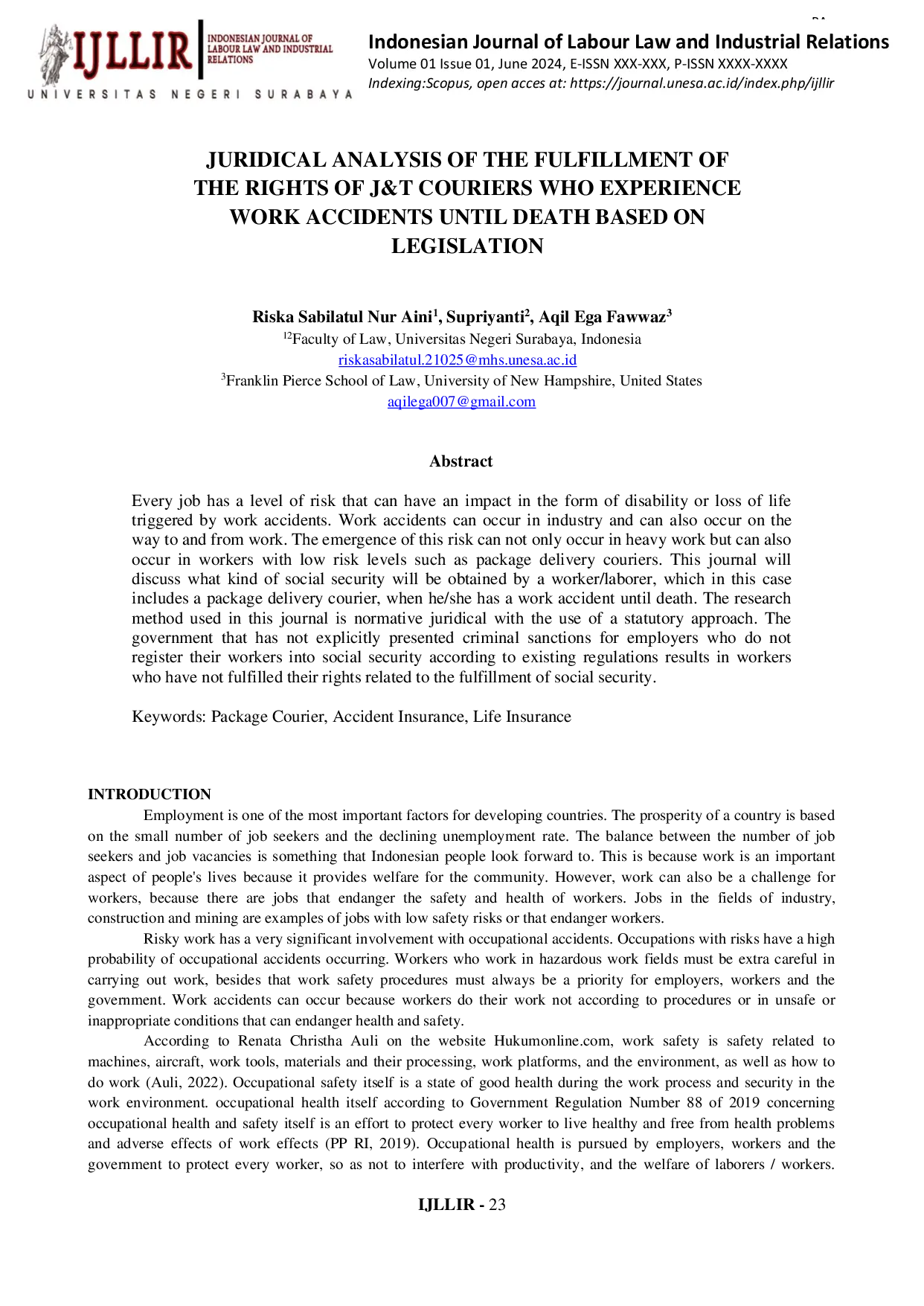 JURIS Juridical Analysis Of The Fulfillment Of The Rights Of J T Couriers Who Experience Work Accidents Until Death Based On Legislation