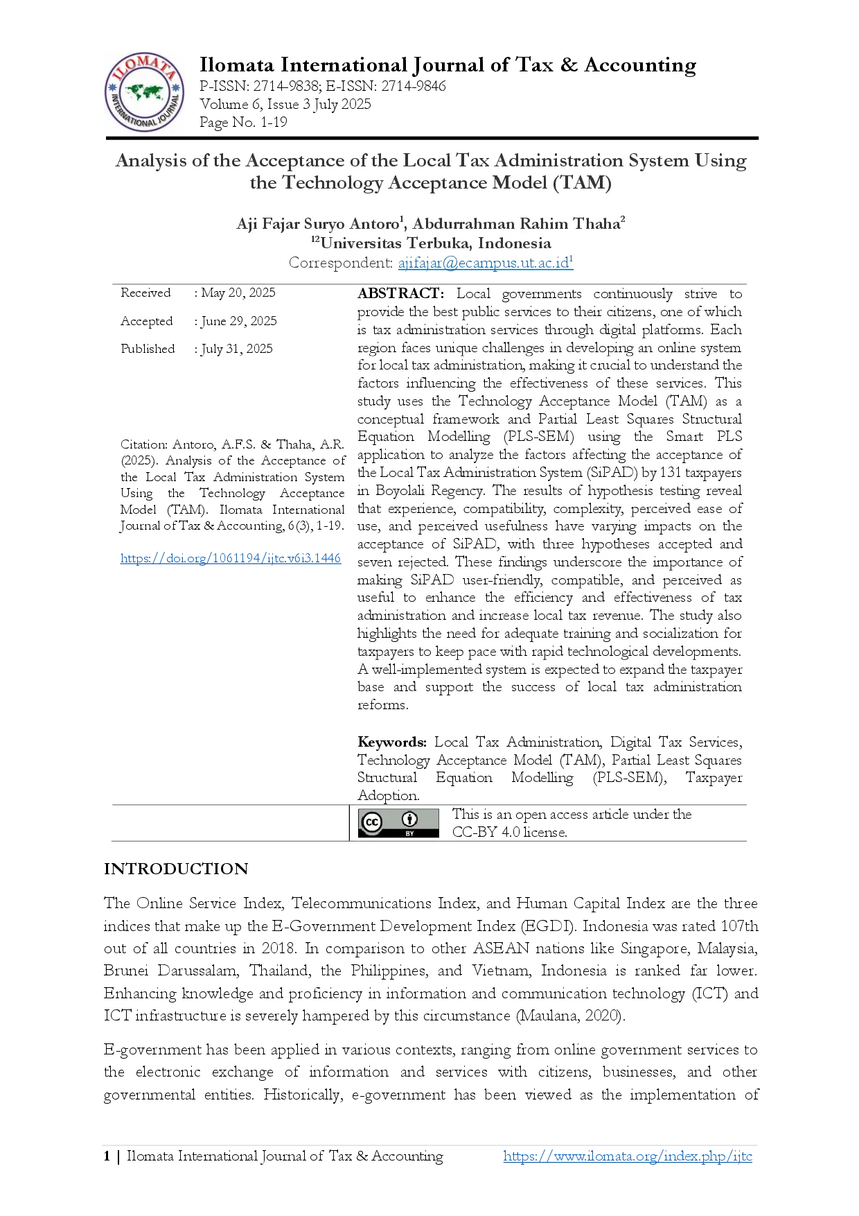 juris Analysis of the Acceptance of the Local Tax Administration System Using the Technology Acceptance Model TAM