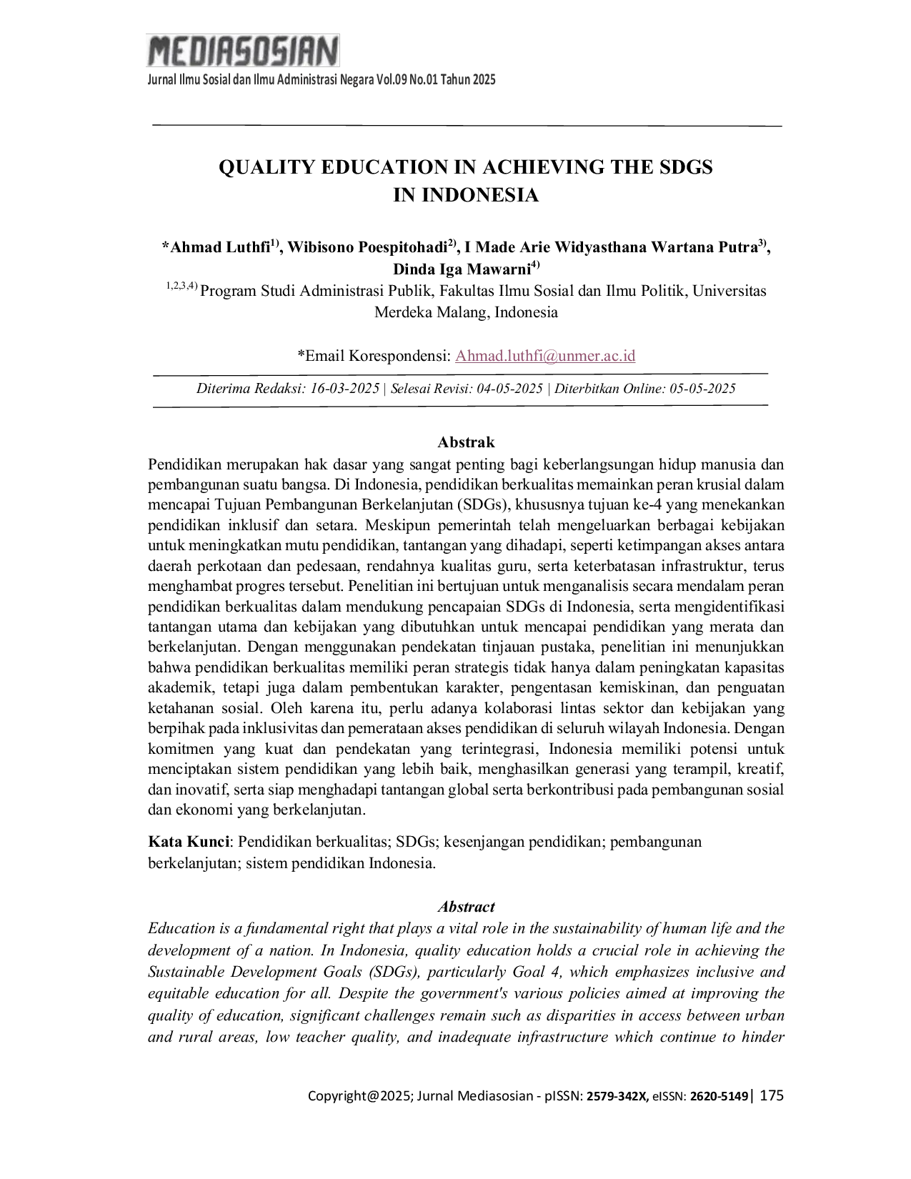 JURIS Quality Education in Achieving the Sdgs in Indonesia