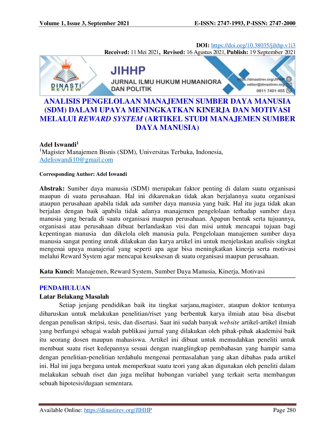 juris Analisis Pengelolaan Manajemen Sumber Daya Manusia Sdm Dalam Upaya Meningkatkan Kinerja Dan Motivasi Melalui Reward System Artikel Studi Manajemen Sumber Daya Manusia