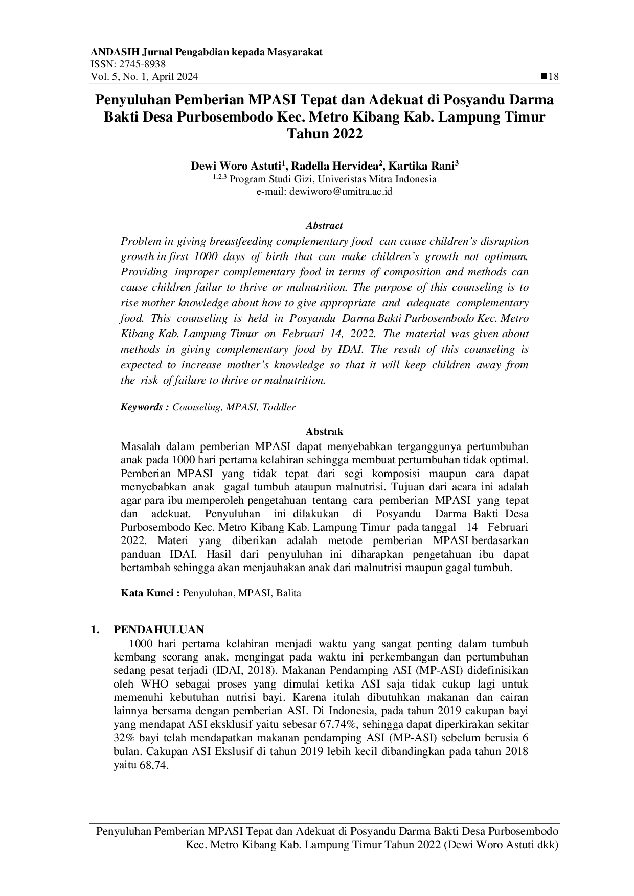JURIS Penyuluhan Pemberian MPASI Tepat dan Adekuat di Posyandu Darma Bakti Desa Purbosembodo Kec Metro Kibang Kab Lampung Timur Tahun 2022