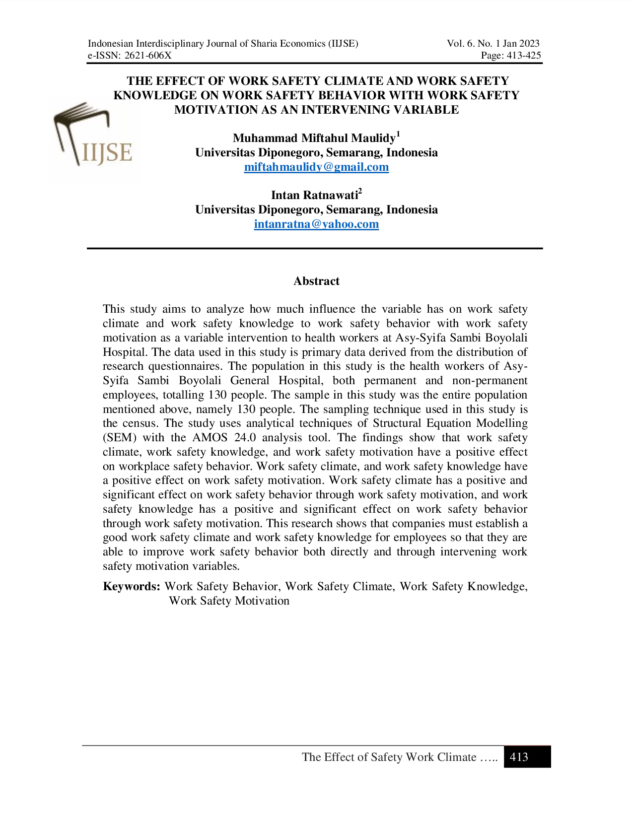 JURIS The Effect Of Work Safety Climate And Work Safety Knowledge On Work Safety Behavior With Work Safety Motivation As An Intervening Variable