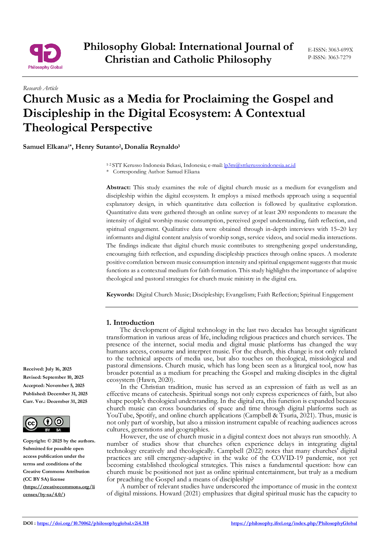 JURIS Church Music as a Media for Proclaiming the Gospel and Discipleship in the Digital Ecosystem A Contextual Theological Perspective