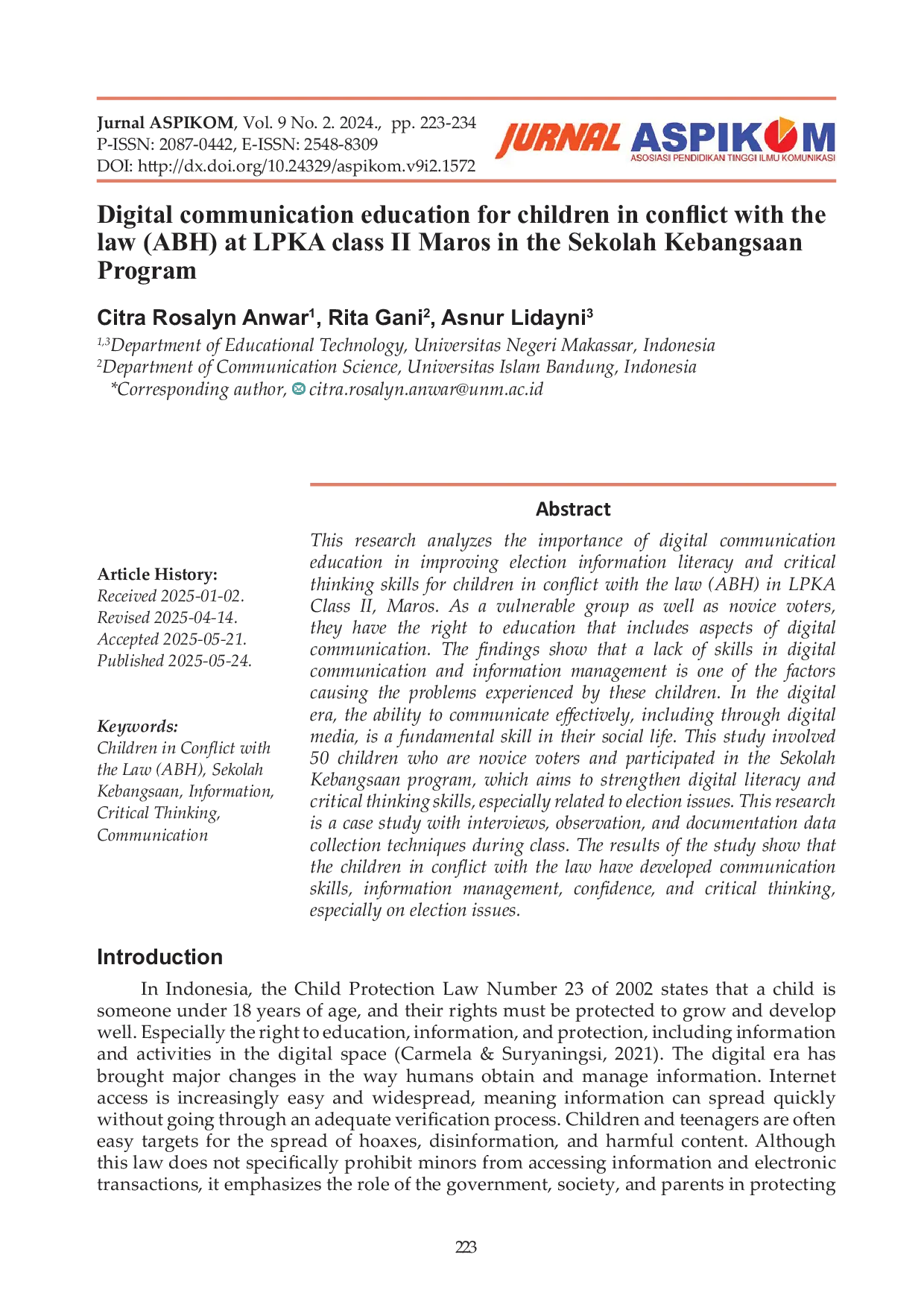 JURIS Digital communication education for children in conflict with the law ABH at LPKA class II Maros in the Sekolah Kebangsaan Program