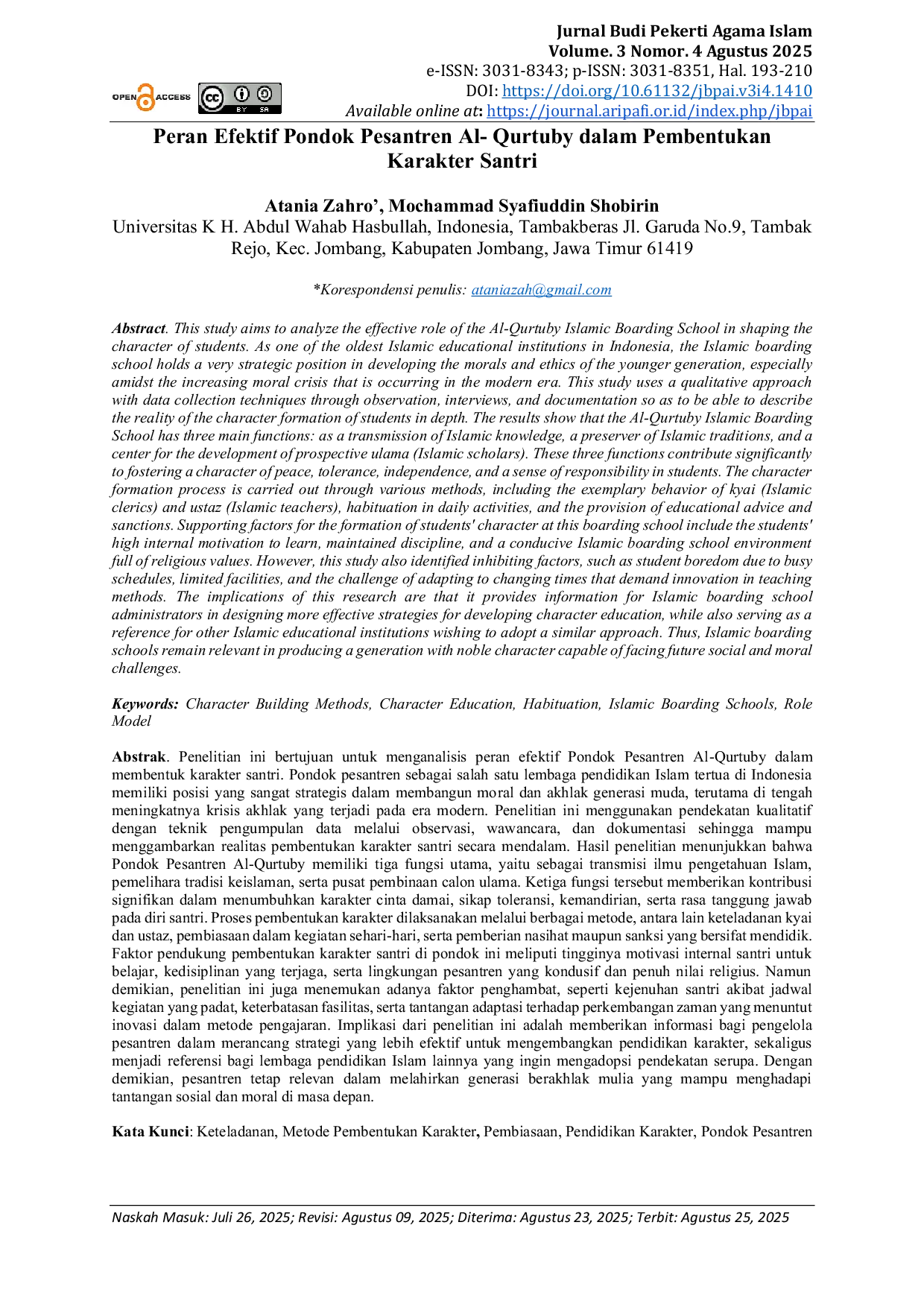JURIS Peran Efektif Pondok Pesantren Al Qurtuby dalam Pembentukan Karakter Santri