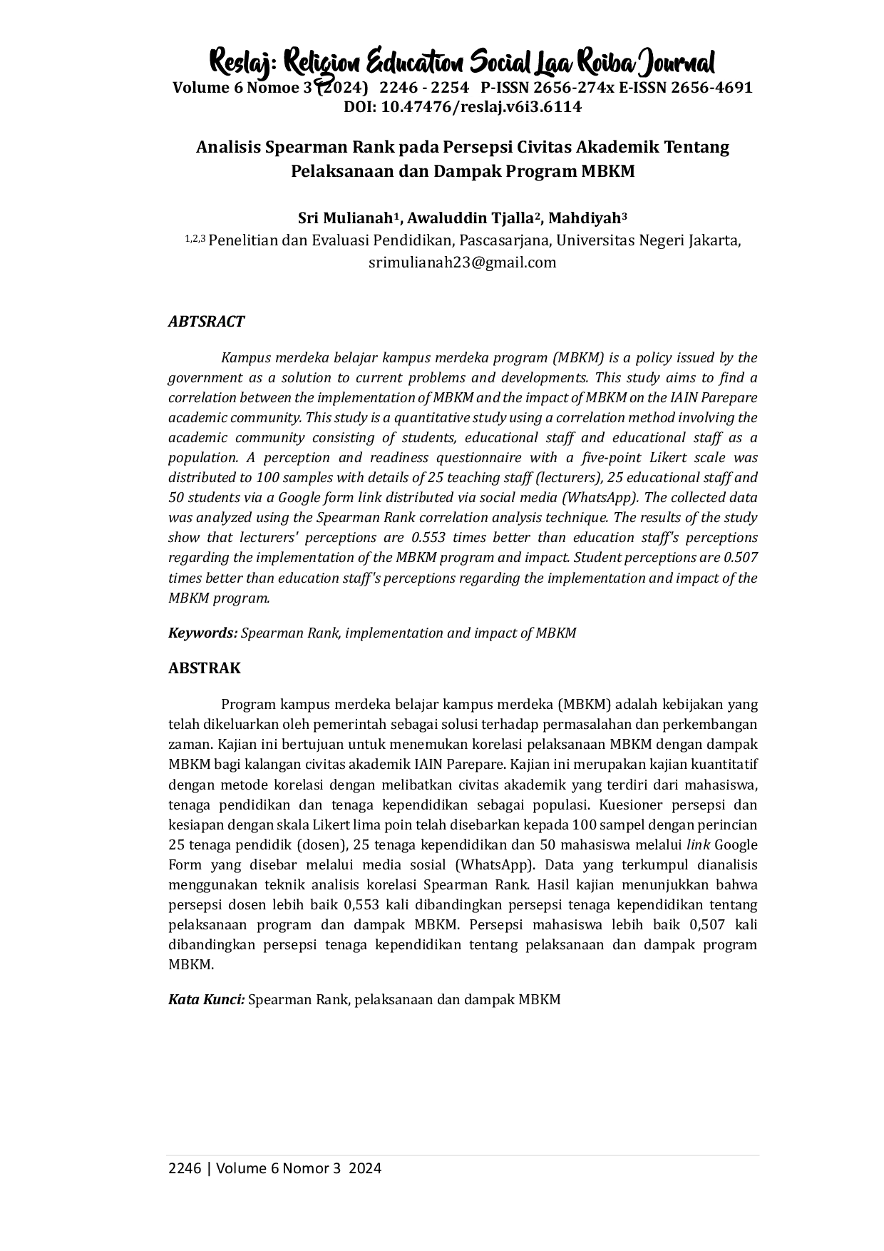 JURIS Analisis Spearman Rank pada Persepsi Civitas Akademik Tentang Pelaksanaan dan Dampak Program MBKM