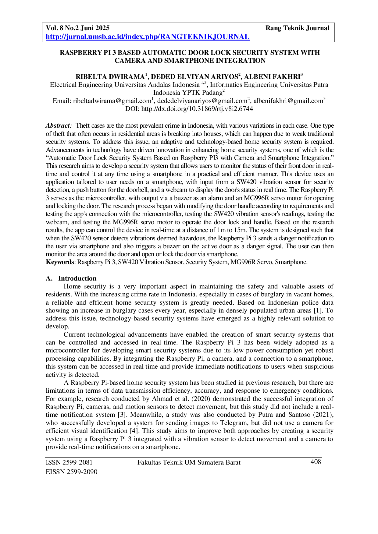 JURIS Sistem Keamanan Kunci Pintu Otomatis Berbasis Raspberry Pi 3 dengan Integrasi Kamera dan Smartphone