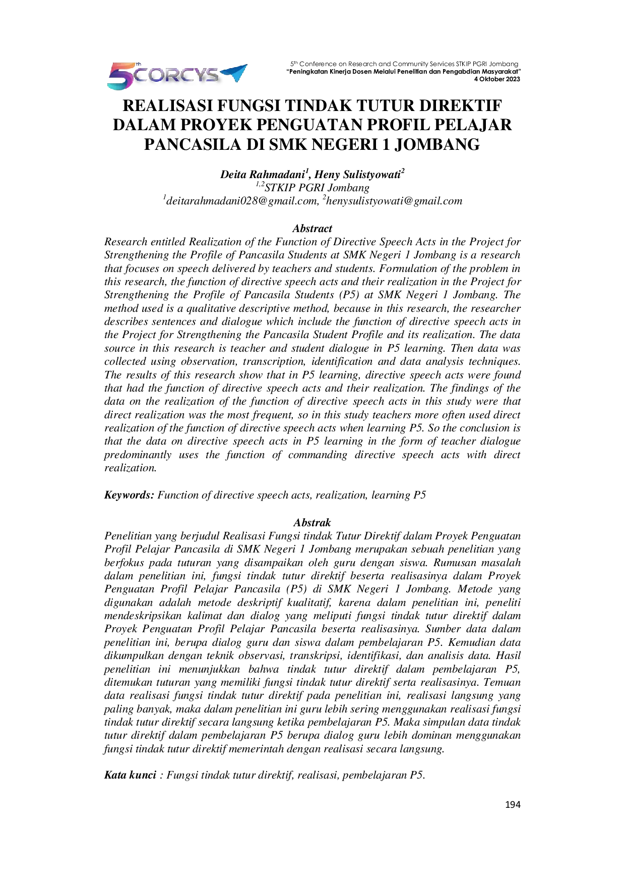 JURIS Realisasi Fungsi Tindak Tutur Direktif dalam Proyek Penguatan Profil Pelajar Pancasila di SMK Negeri 1 Jombang