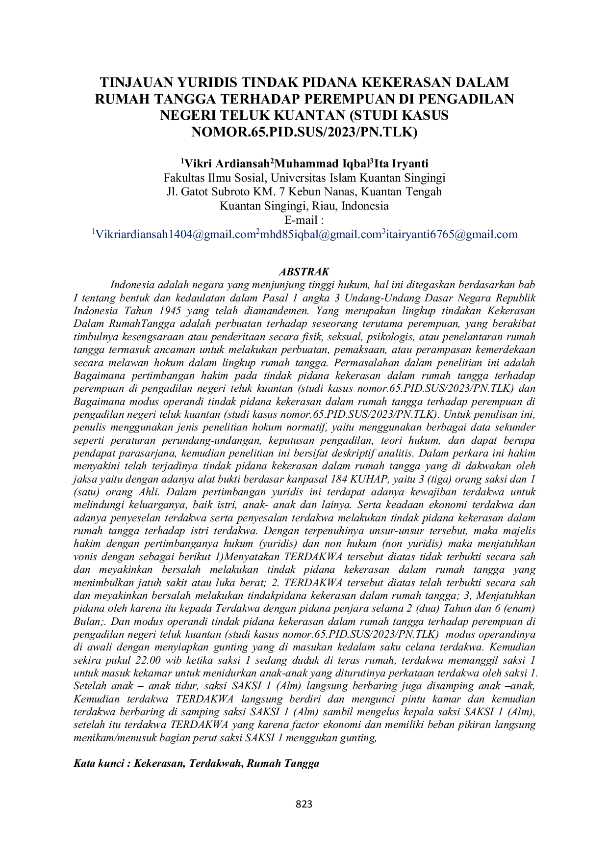 JURIS Tinjauan Yuridis Tindak Pidana Kekerasan Dalam Rumah Tangga Terhadap Perempuan Di Pengadilan Negeri Teluk Kuantan Studi Kasus Nomor 65 PID SUS 2023 PN TLK
