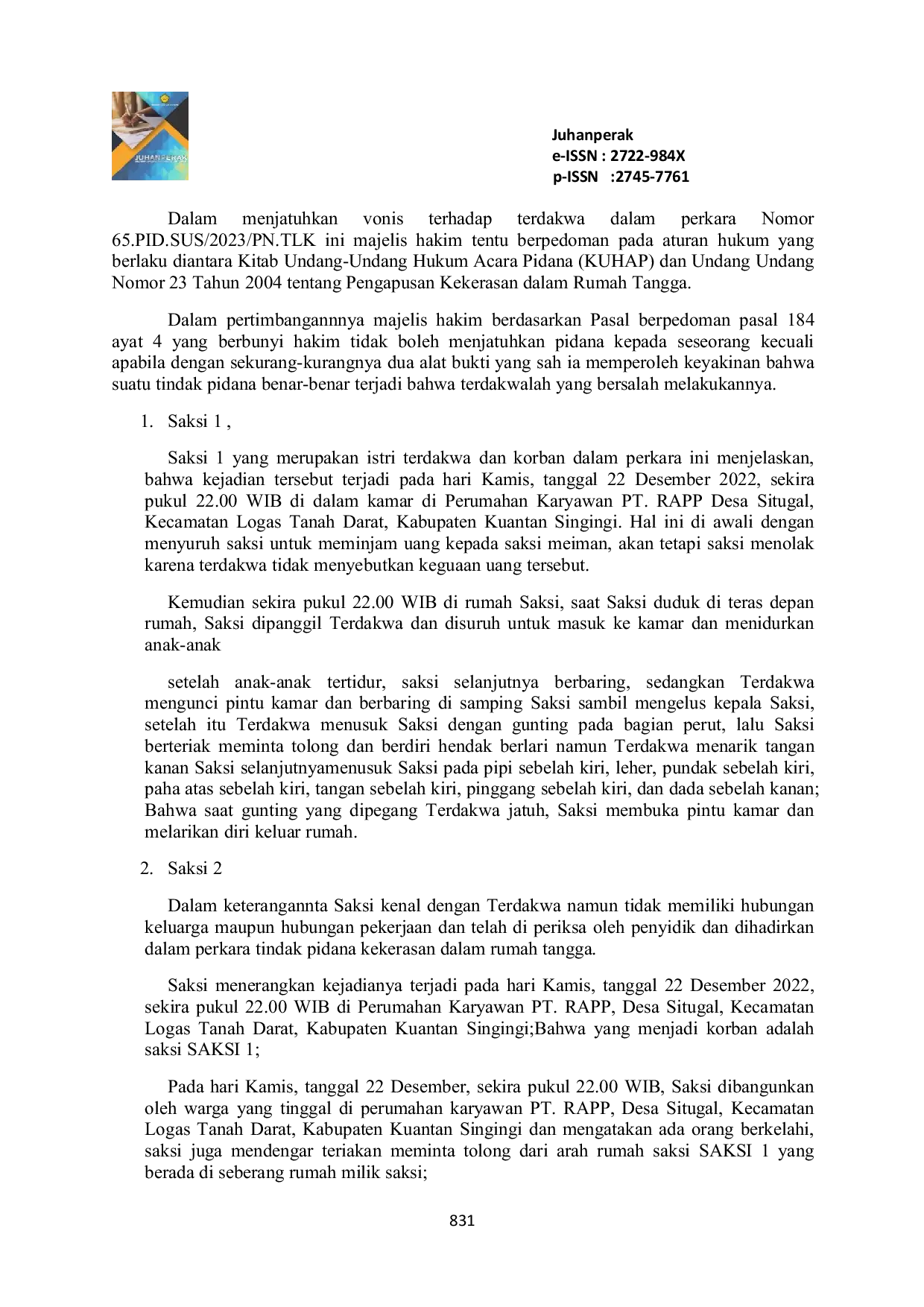 JURIS Tinjauan Yuridis Tindak Pidana Kekerasan Dalam Rumah Tangga Terhadap Perempuan Di Pengadilan Negeri Teluk Kuantan Studi Kasus Nomor 65 PID SUS 2023 PN TLK