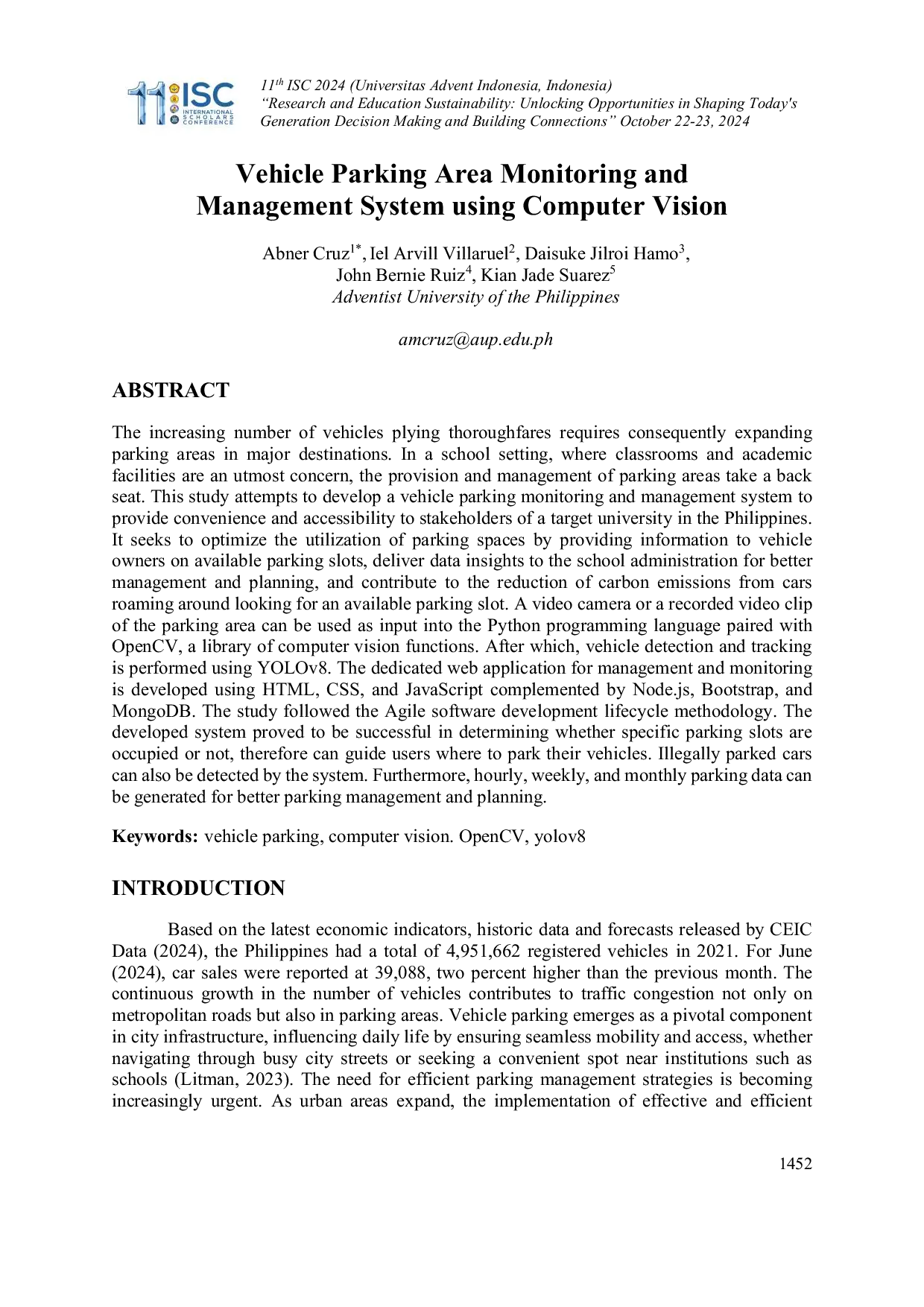JURIS Vehicle Parking Area Monitoring and Management System using Computer Vision