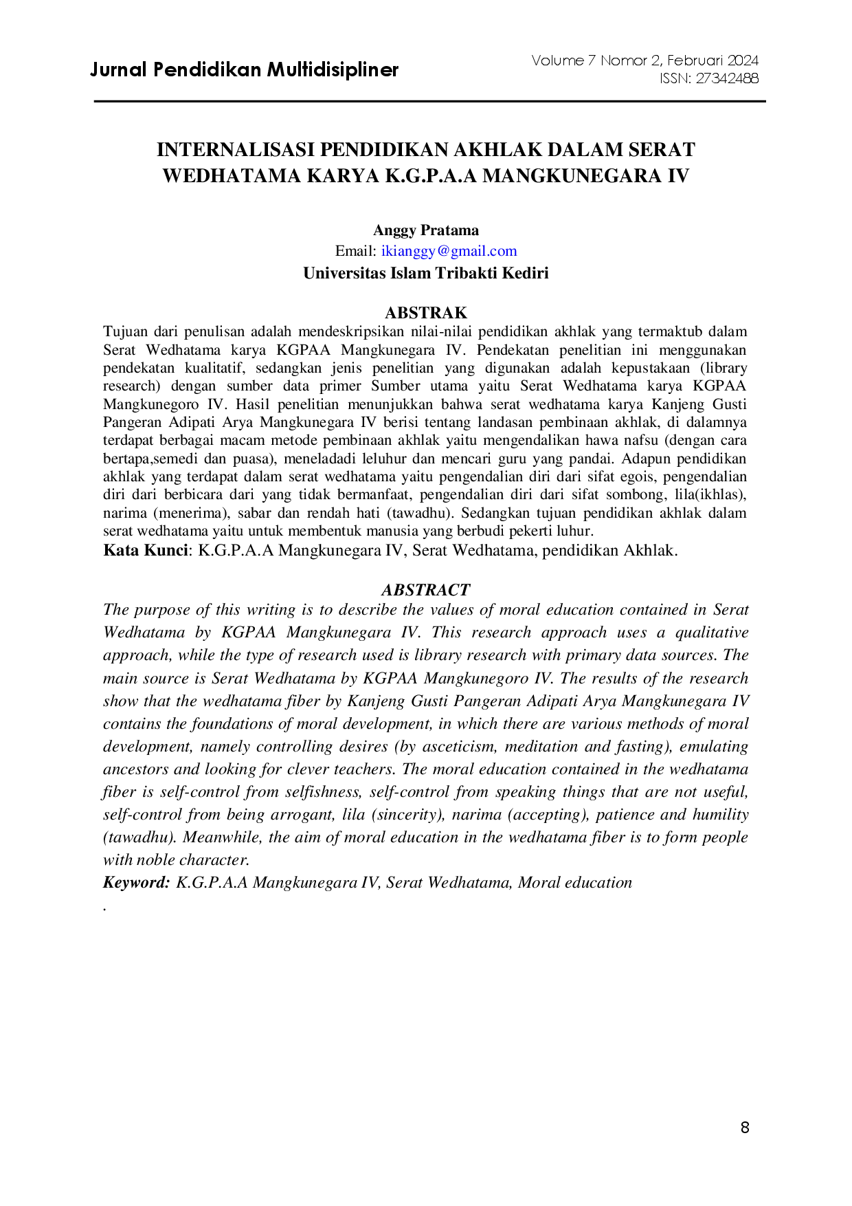 juris Internalisasi Pendidikan Akhlak Dalam Serat Wedhatama Karya K G P A A Mangkunegara Iv