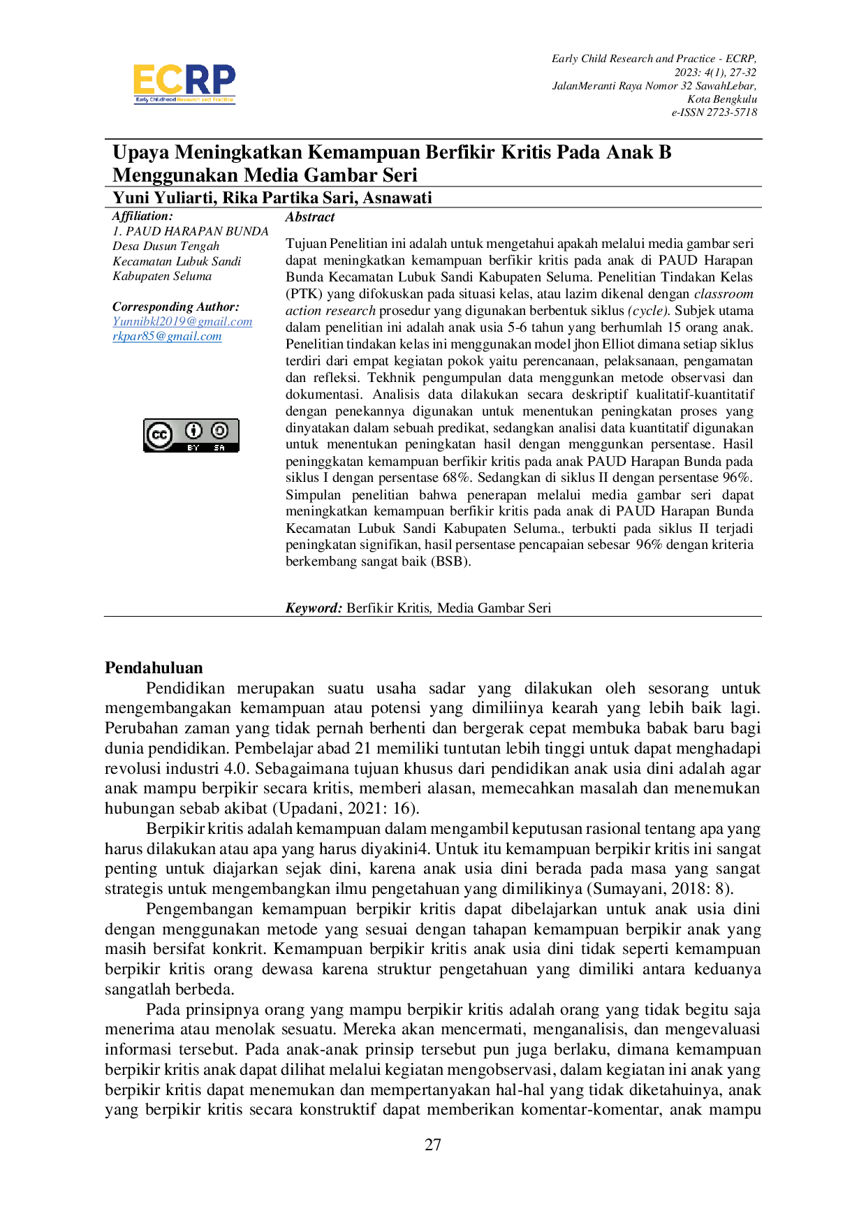 JURIS Upaya Meningkatkan Kemampuan Berfikir Kritis Pada Anak B Menggunakan Media Gambar Seri