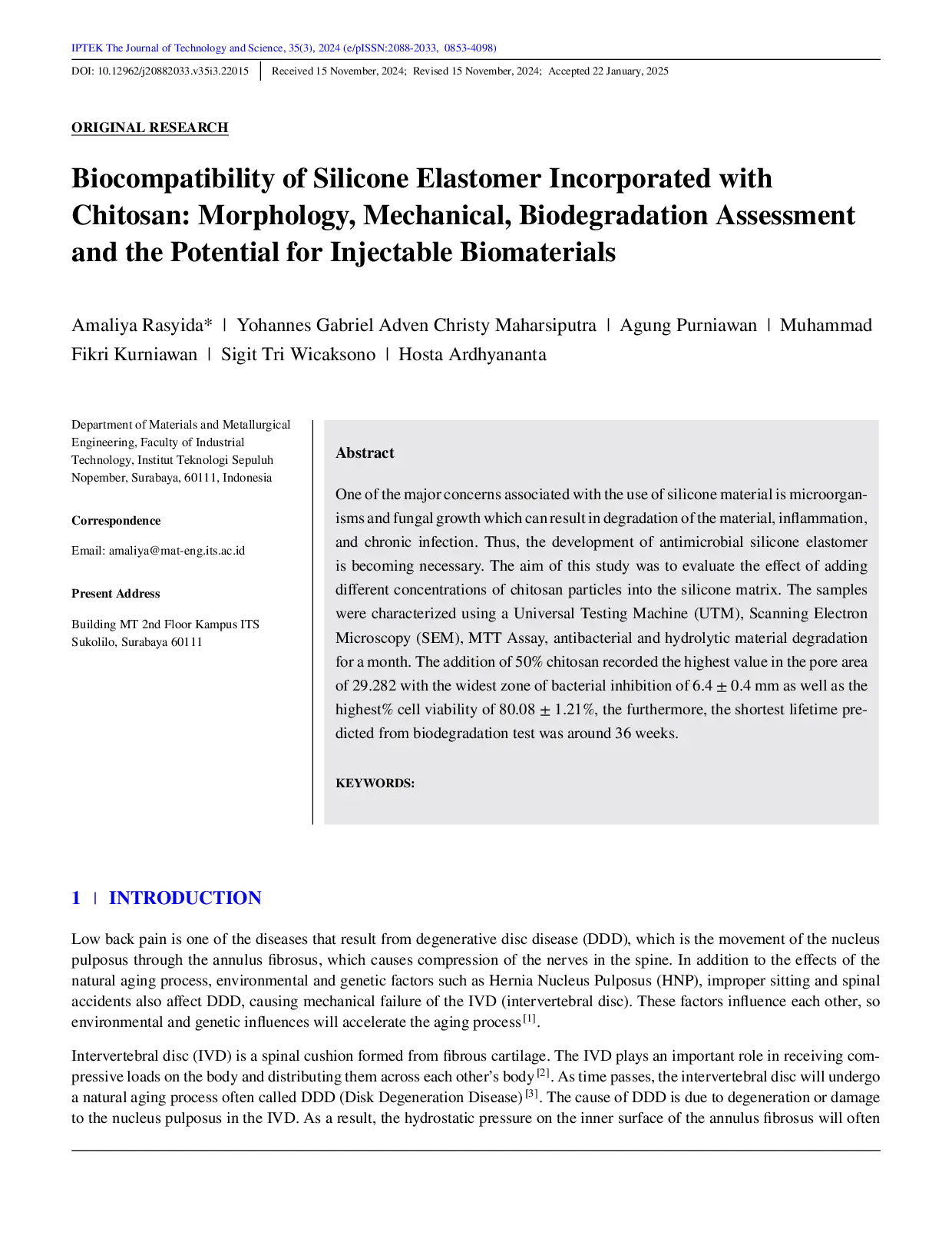 JURIS Biocompatibility of Silicone Elastomer Incorporated with Chitosan Morphology Mechanical Biodegradation Assessment and the Potential for Injectable Biomaterials