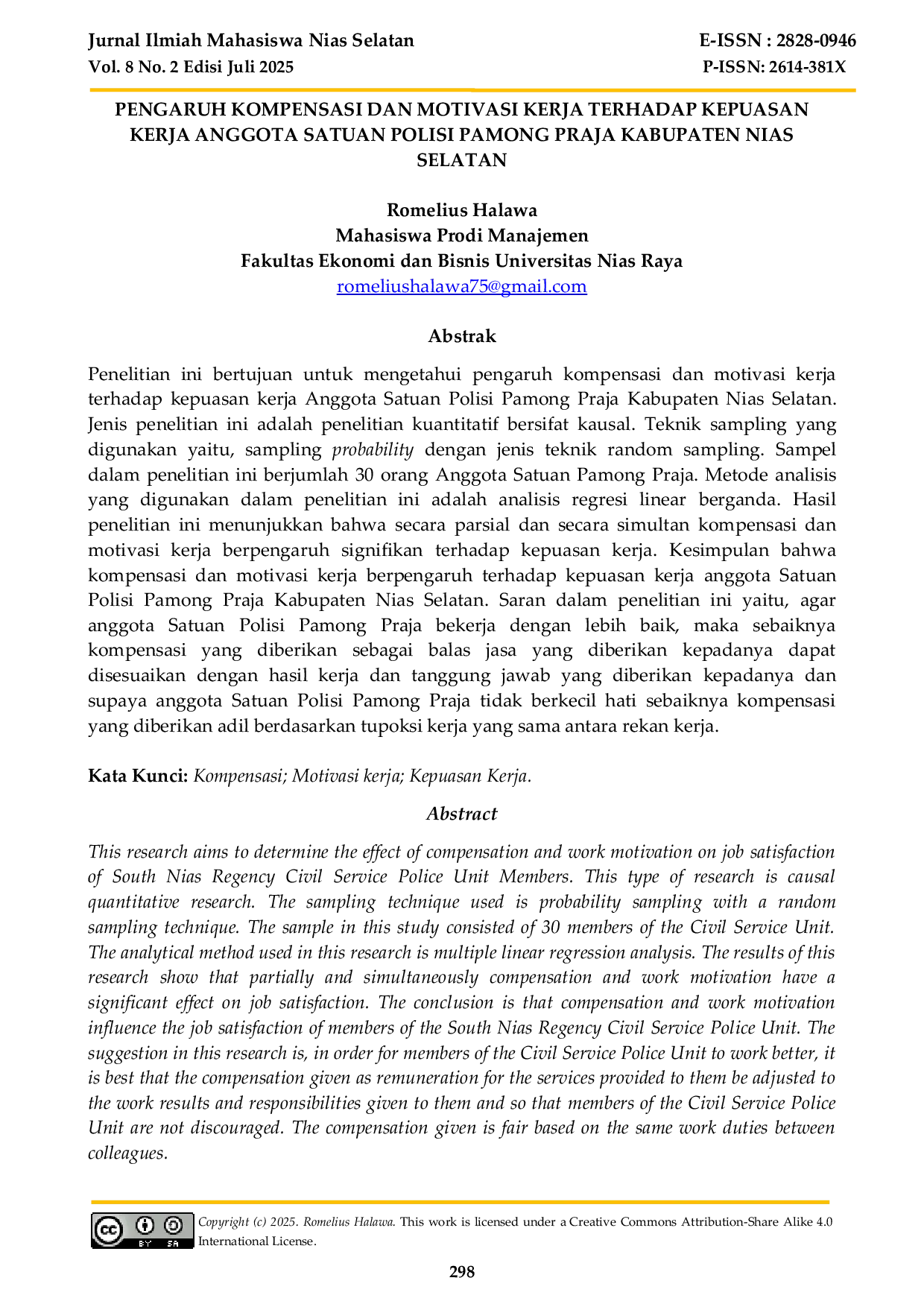 JURIS Pengaruh Kompensasi dan Motivasi Kerja Terhadap Kepuasan Kerja Anggota Satuan Polisi Pamong Praja Kabupaten Nias Selatan
