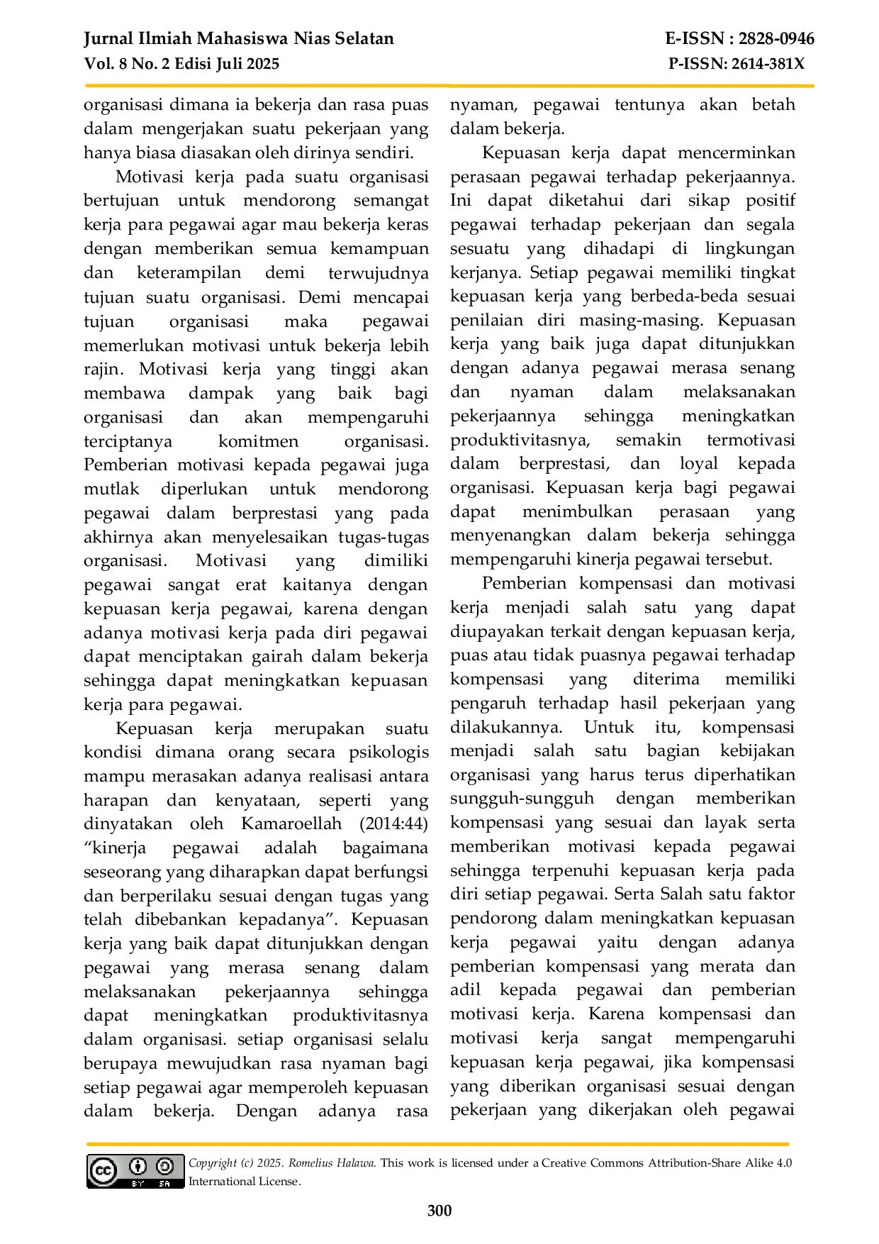 JURIS Pengaruh Kompensasi dan Motivasi Kerja Terhadap Kepuasan Kerja Anggota Satuan Polisi Pamong Praja Kabupaten Nias Selatan