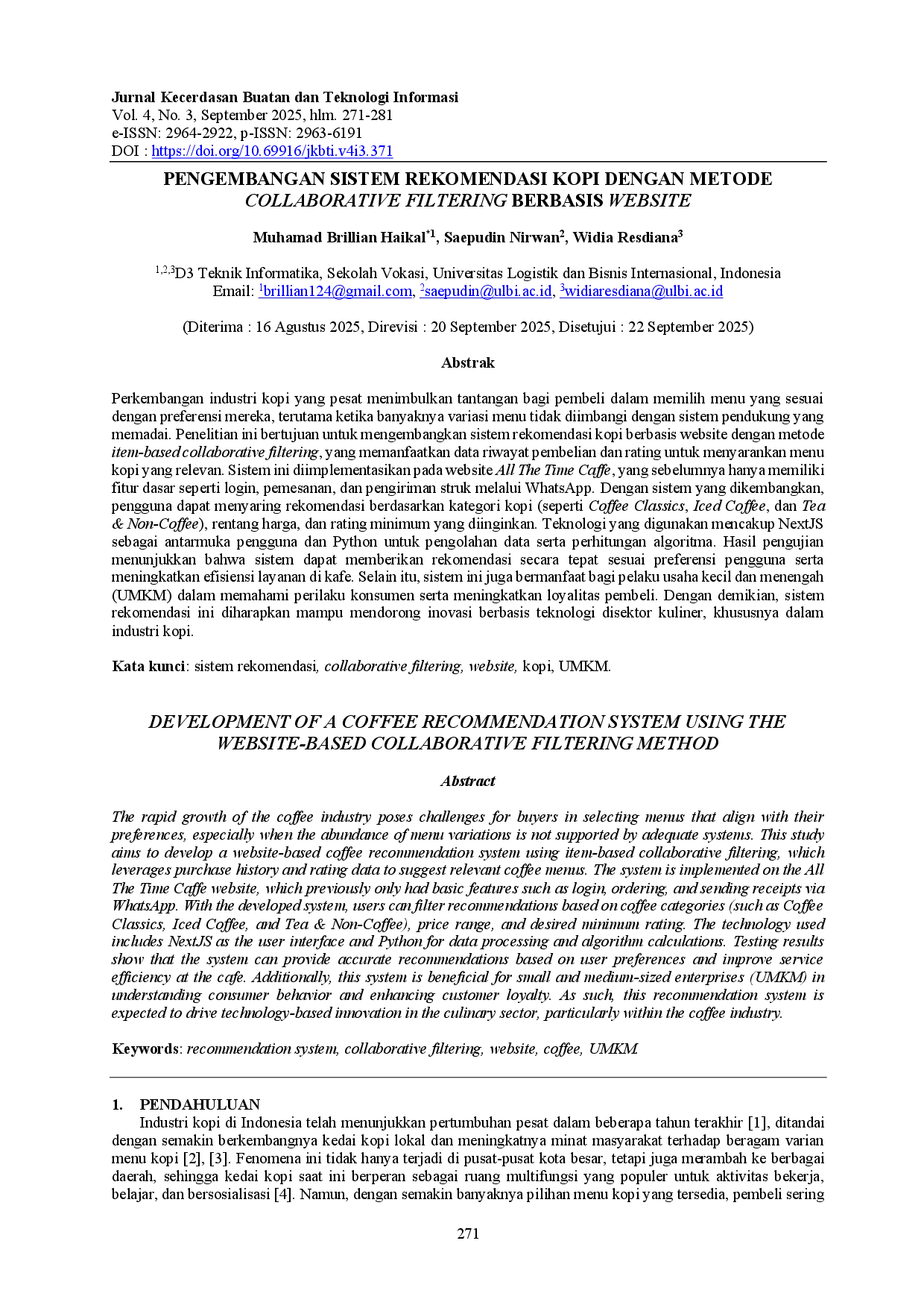 juris Pengembangan Sistem Rekomendasi Kopi Dengan Metode Collaborative Filtering Berbasis Website
