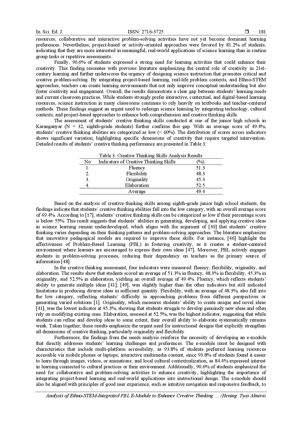 juris Analysis Analysis of Ethno STEM Integrated PBL E Module to Enhance Creative Thinking Skills of 8th Grade Junior High School Students