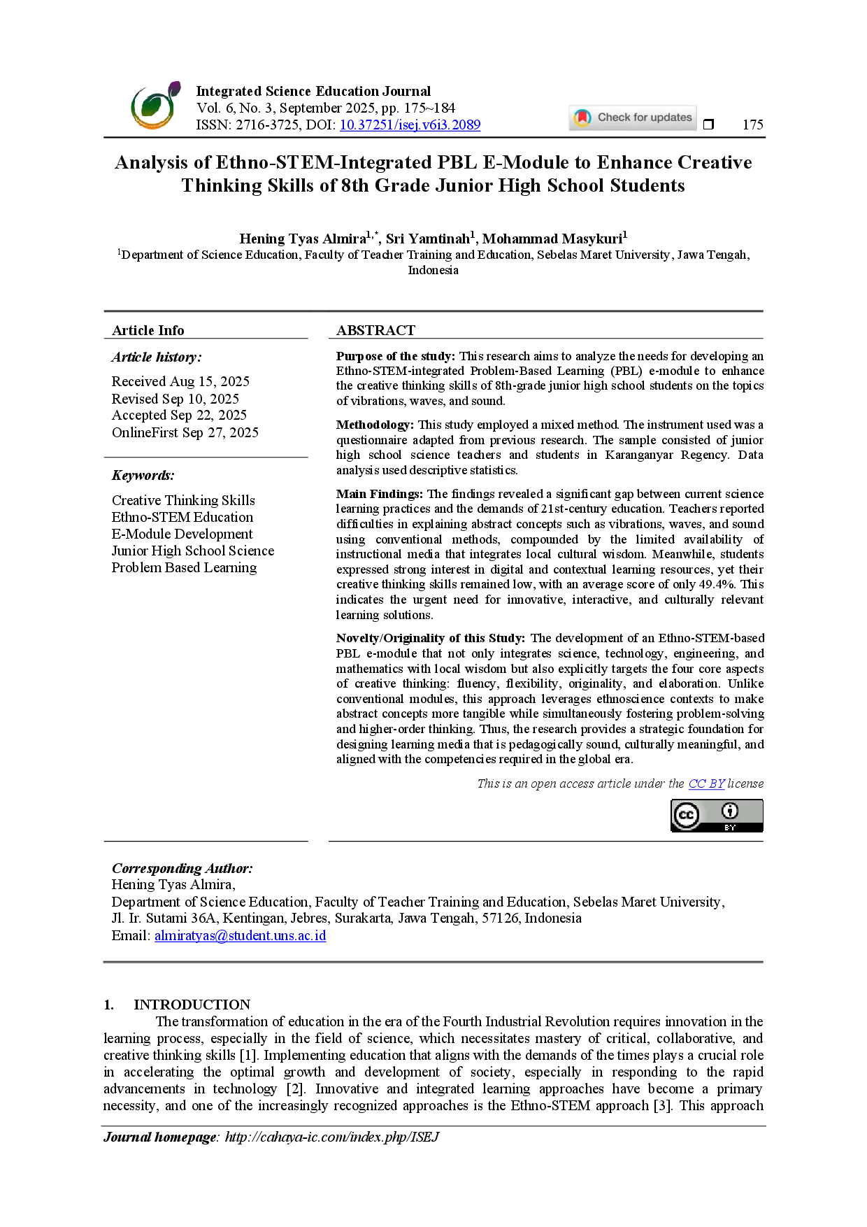 juris Analysis Analysis of Ethno STEM Integrated PBL E Module to Enhance Creative Thinking Skills of 8th Grade Junior High School Students