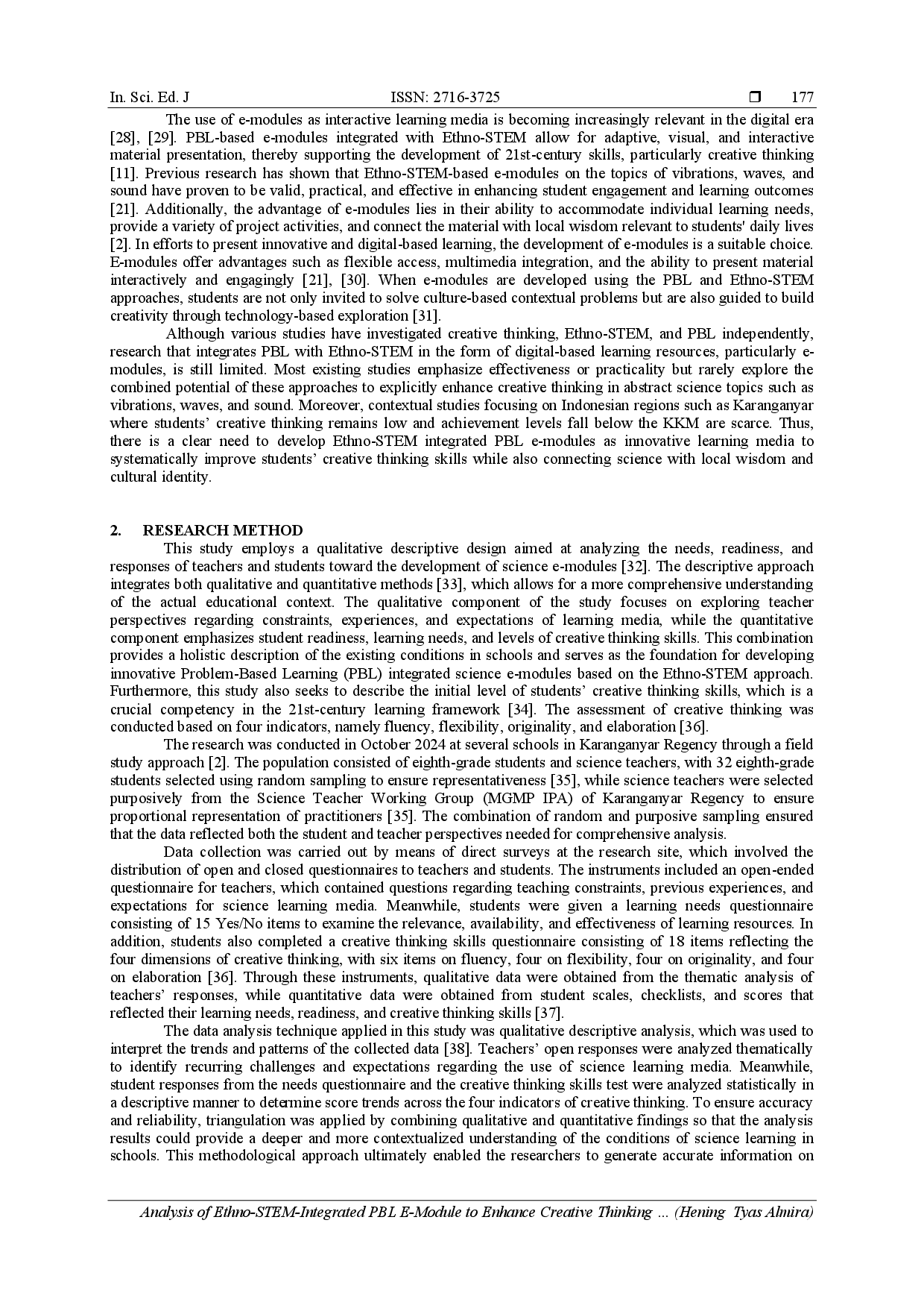 juris Analysis Analysis of Ethno STEM Integrated PBL E Module to Enhance Creative Thinking Skills of 8th Grade Junior High School Students