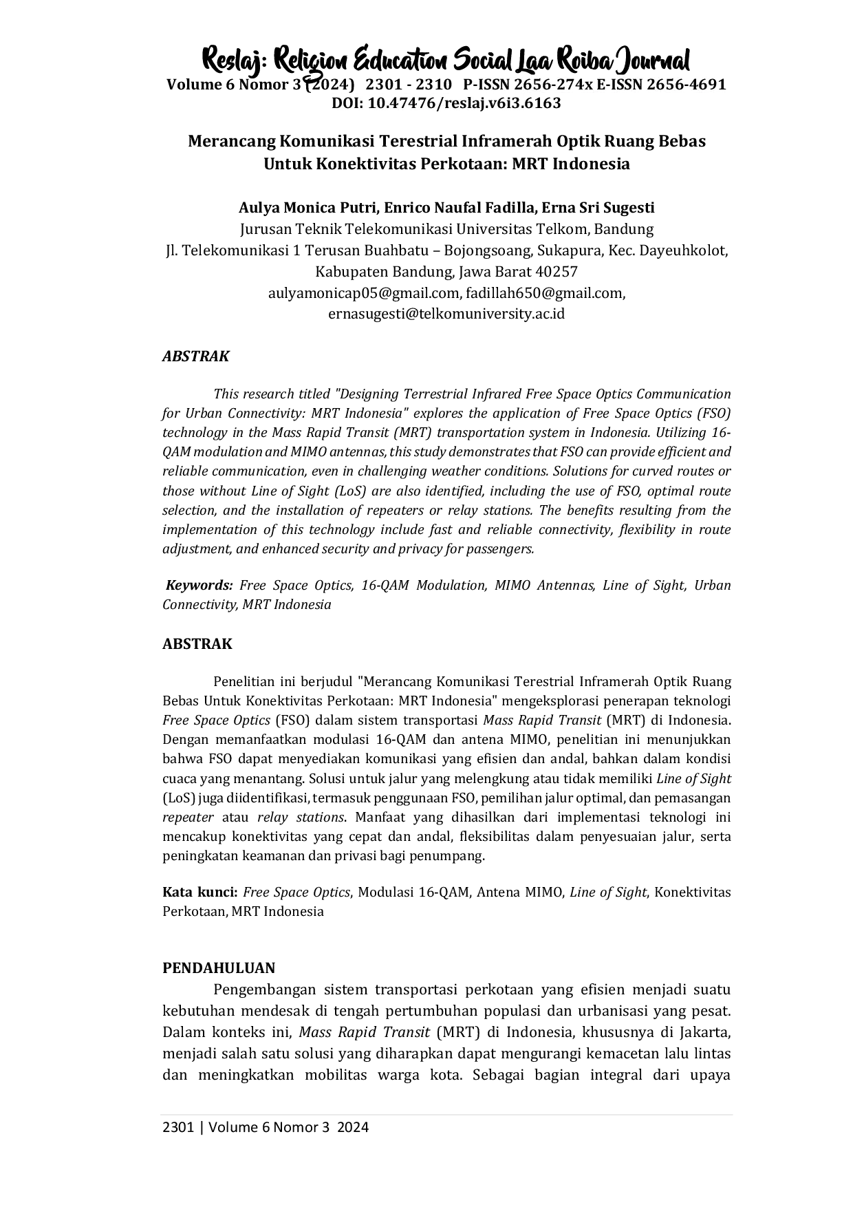 JURIS Merancang Komunikasi Terestrial Inframerah Optik Ruang Bebas Untuk Konektivitas Perkotaan MRT Indonesia