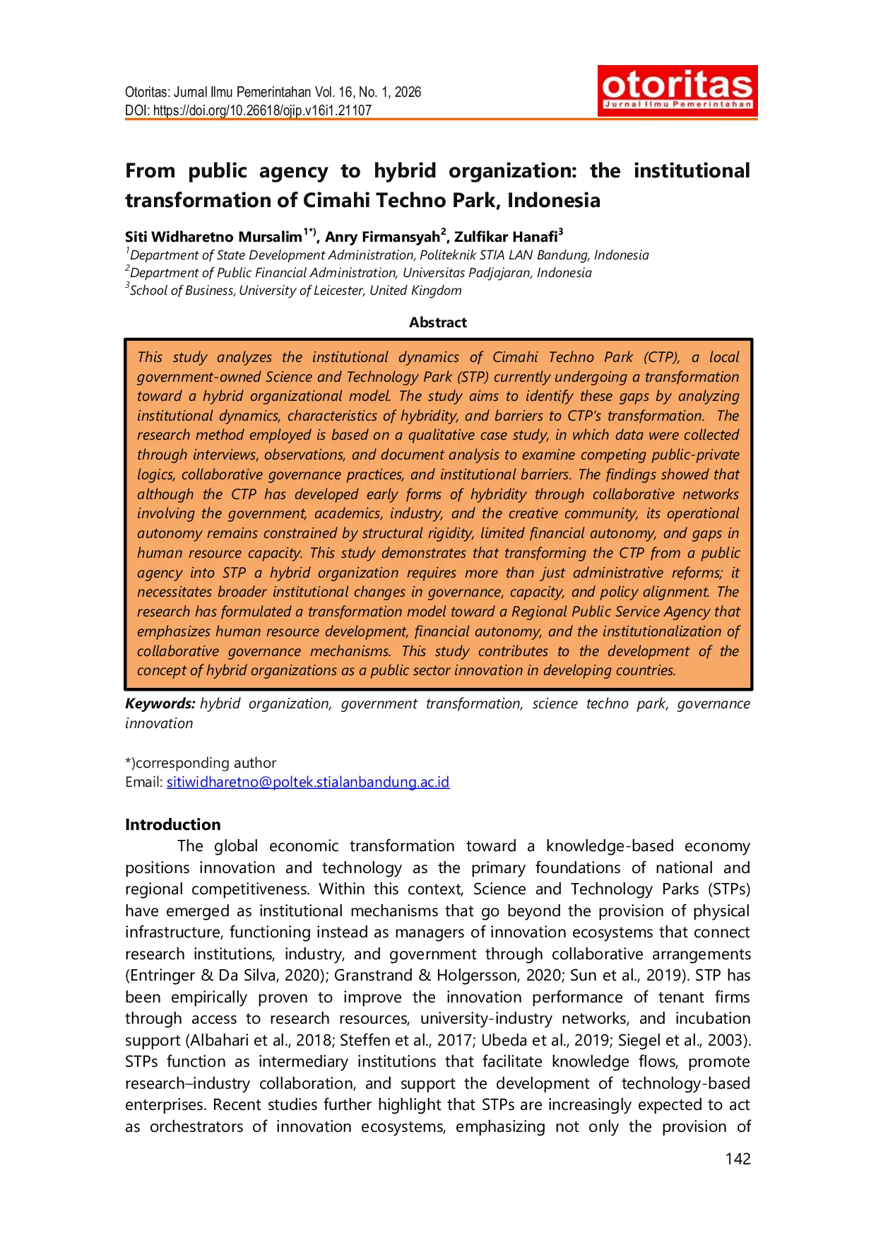JURIS From public agency to hybrid organization the institutional transformation of Cimahi Techno Park Indonesia