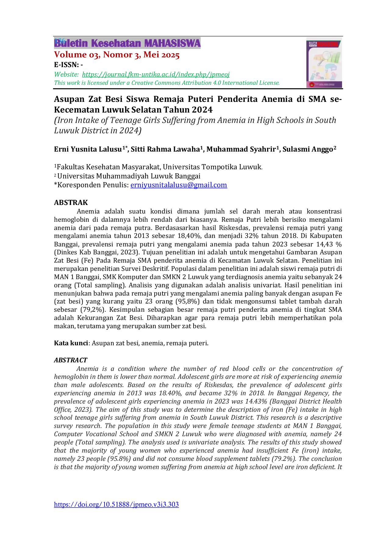 JURIS Asupan Zat Besi Siswa Remaja Puteri Penderita Anemia Di SMA se Kecematan Luwuk Selatan Tahun 2024